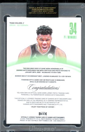 2025 Tyson Beck Giannis Antetokounmpo Game Worn Collection Patch Auto /25