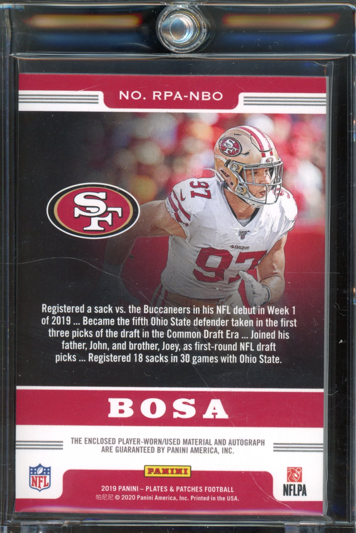 2019 Plates & Patches Nick Bosa Jumbo RPA 23/50 RC