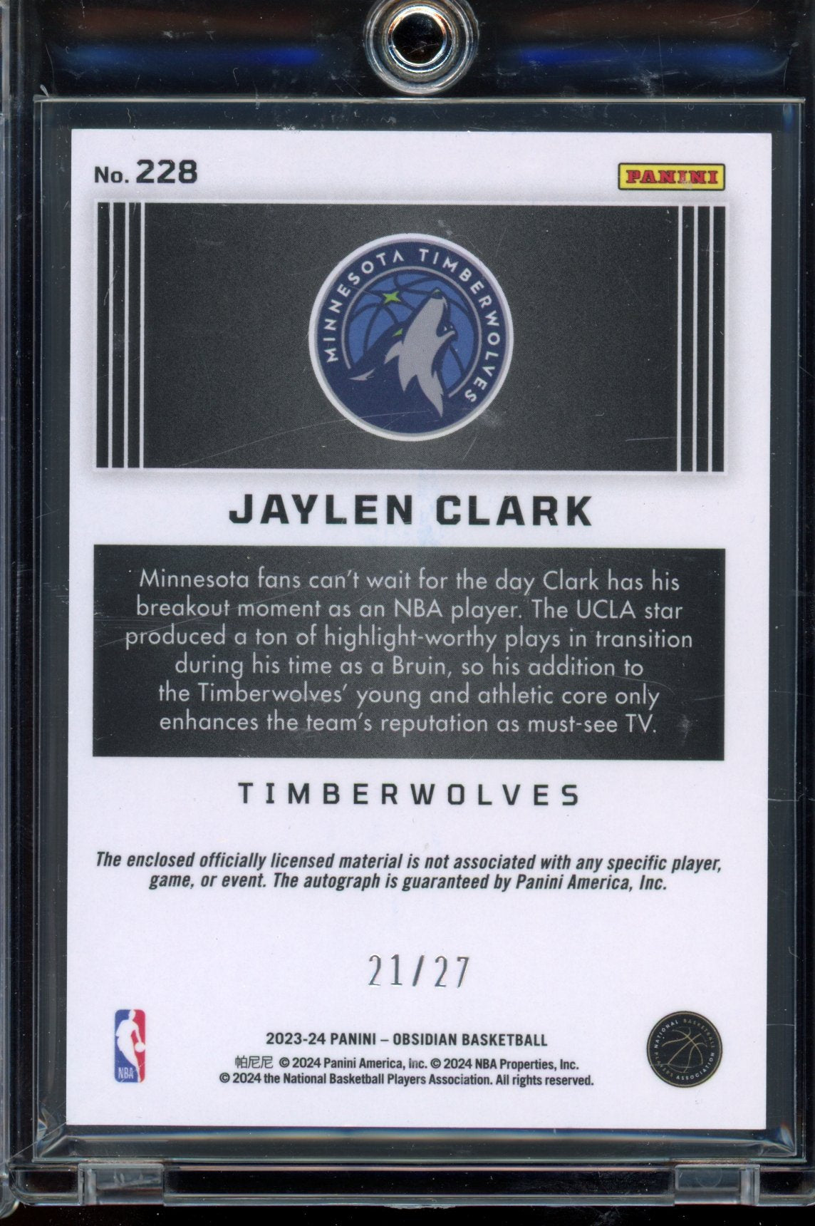 2023 Obsidian Jaylen Clark Electric Etch Blue Patch Auto 21/27 RC