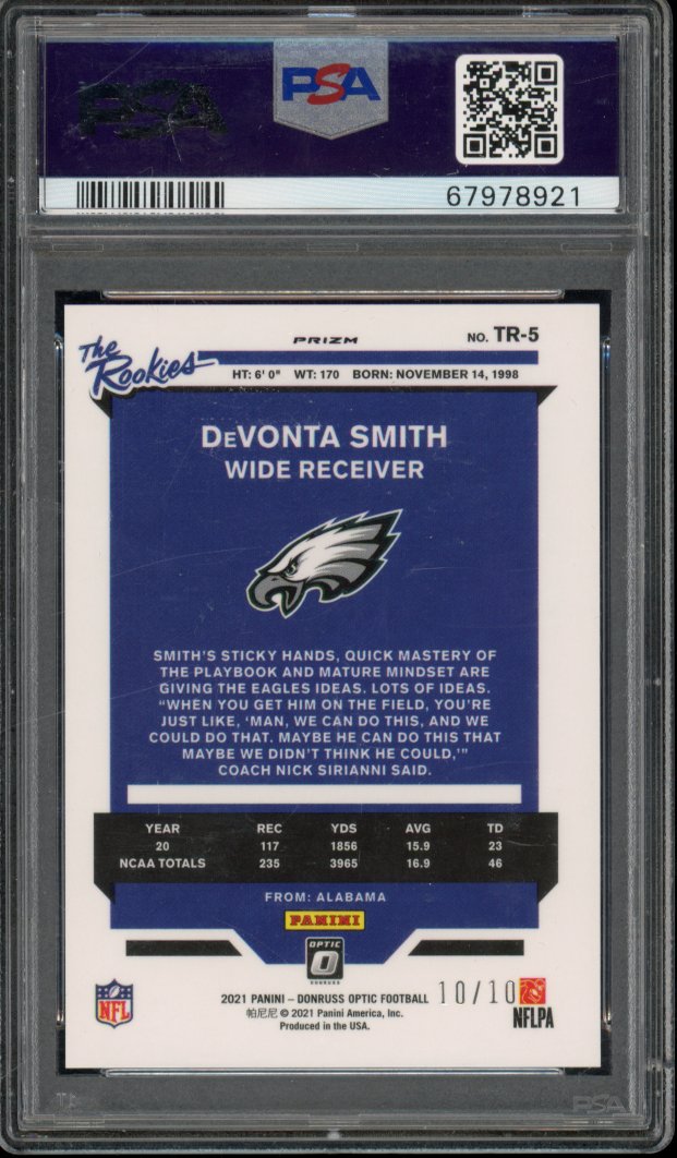 2021 Optic Devonta Smith The Rookies Gold /10 Rookie PSA 9