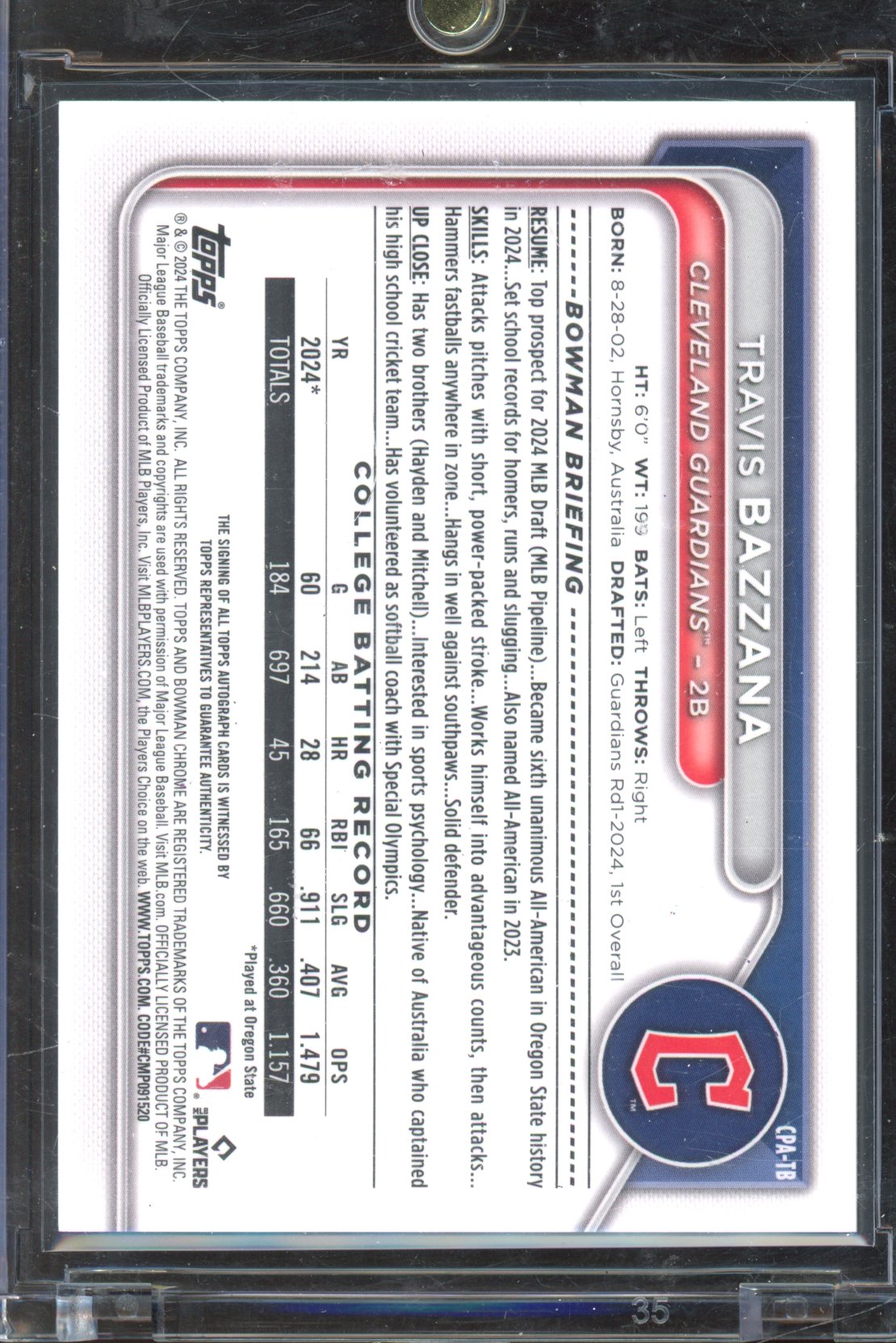 2024 Bowman Draft Travis Bazzana Image Variation Refractor Auto 09/99