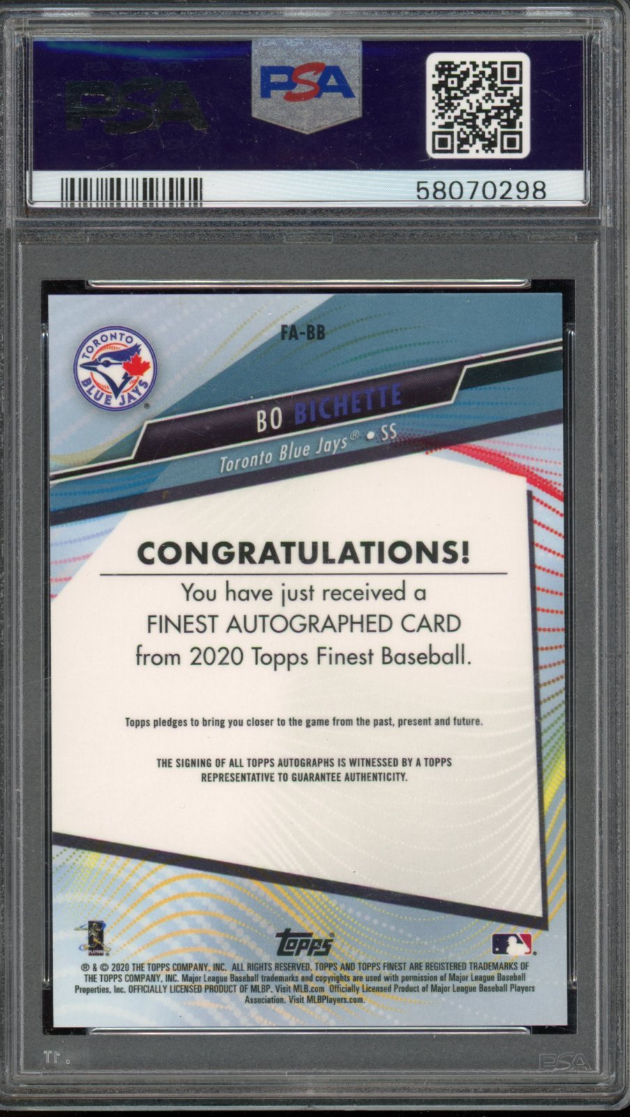 2020 Topps Finest Bo Bichette Green Rookie Auto /99 PSA 9