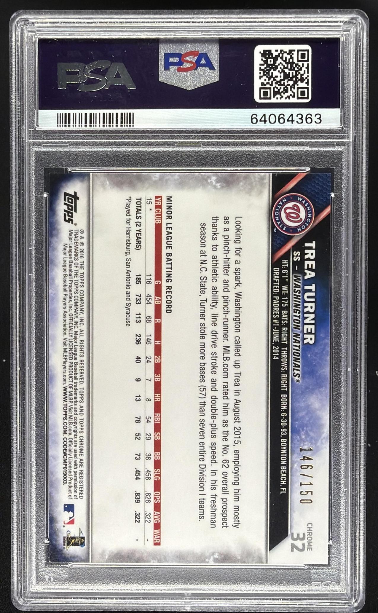 2016 Topps Chrome Trea Turner #32 Blue Refractor 146/150 RC PSA 10