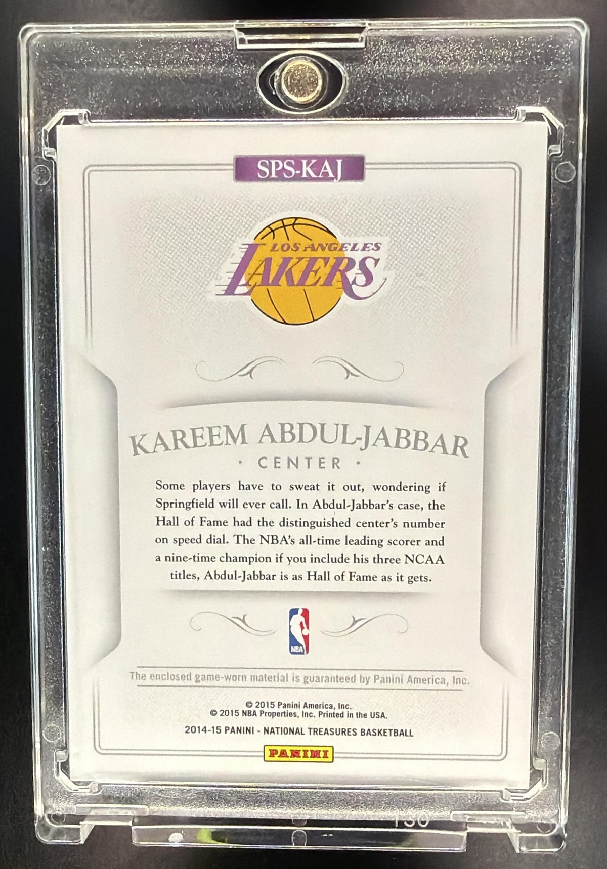 2014 Panini National Treasures Kareem Abdul-Jabbar #SPS-KAJ Springfield Swatches /49 GU Patch