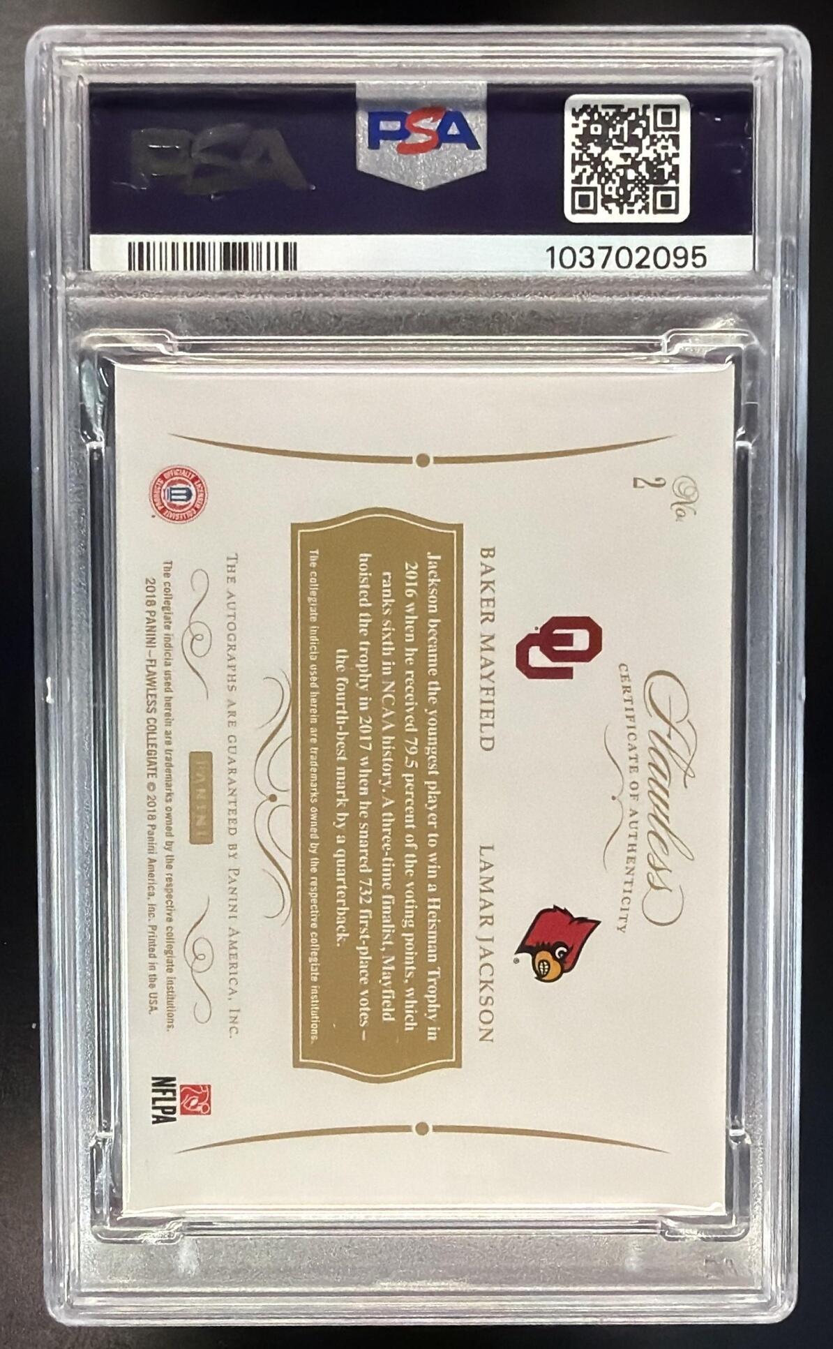 2019 Panini Flawless Collegiate Baker Mayfield Lamar Jackson Rookie #2 Auto /20 PSA 10