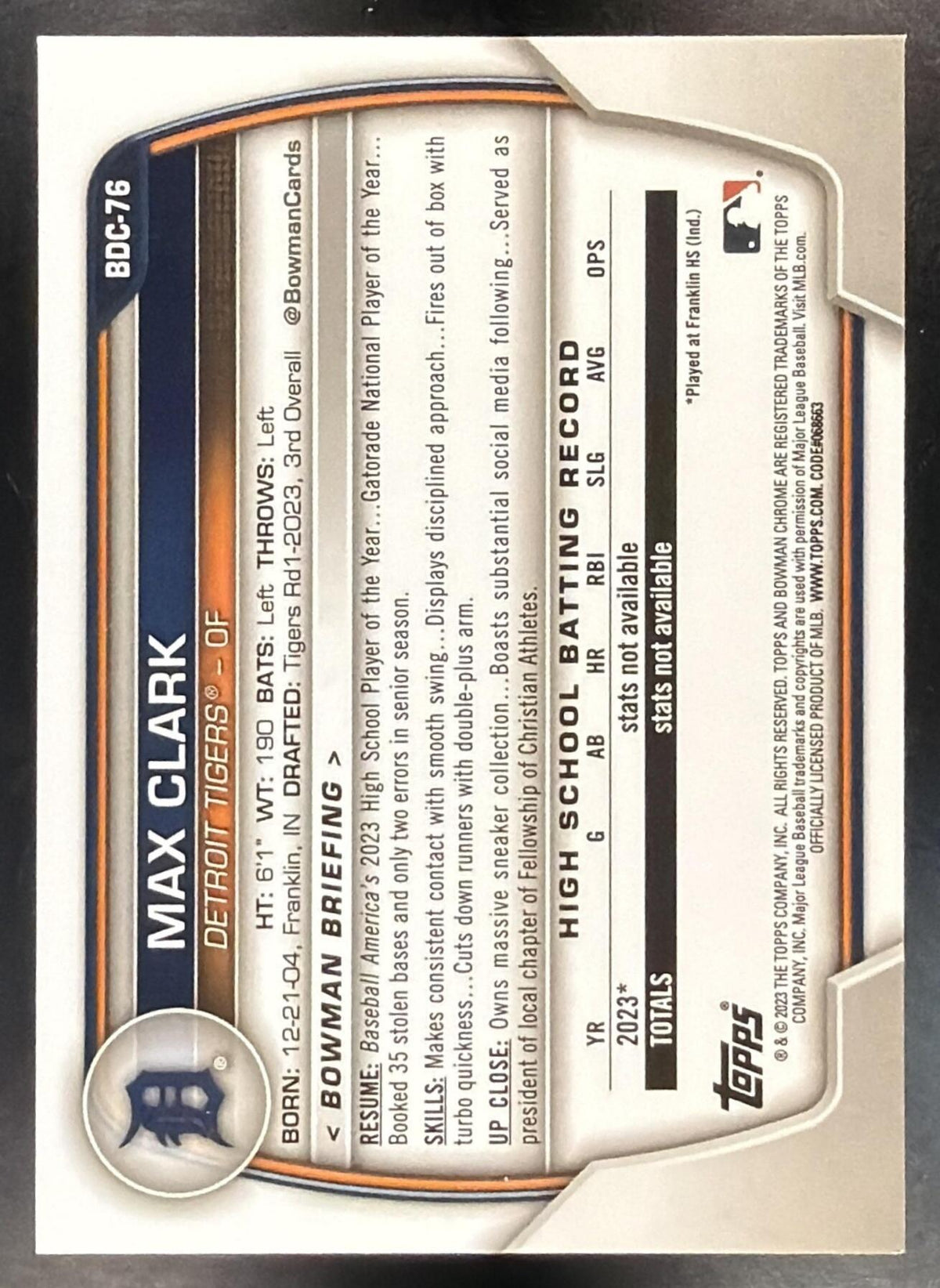 2023 Bowman Draft Sapphire Max Clark #BDC-76 Chrome 1st Prospect Tigers
