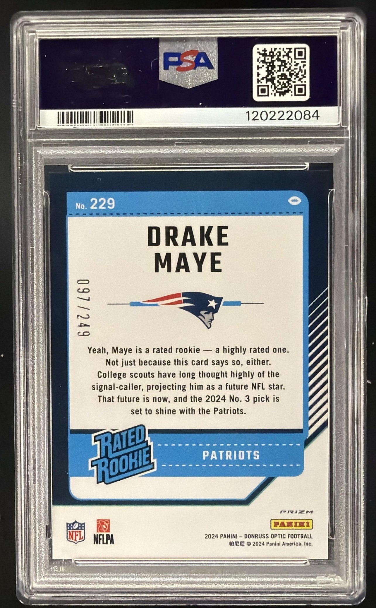 2024 Panini Donruss Optic Drake Maye #229 Orange 97/249 Rated Rookie PSA 10