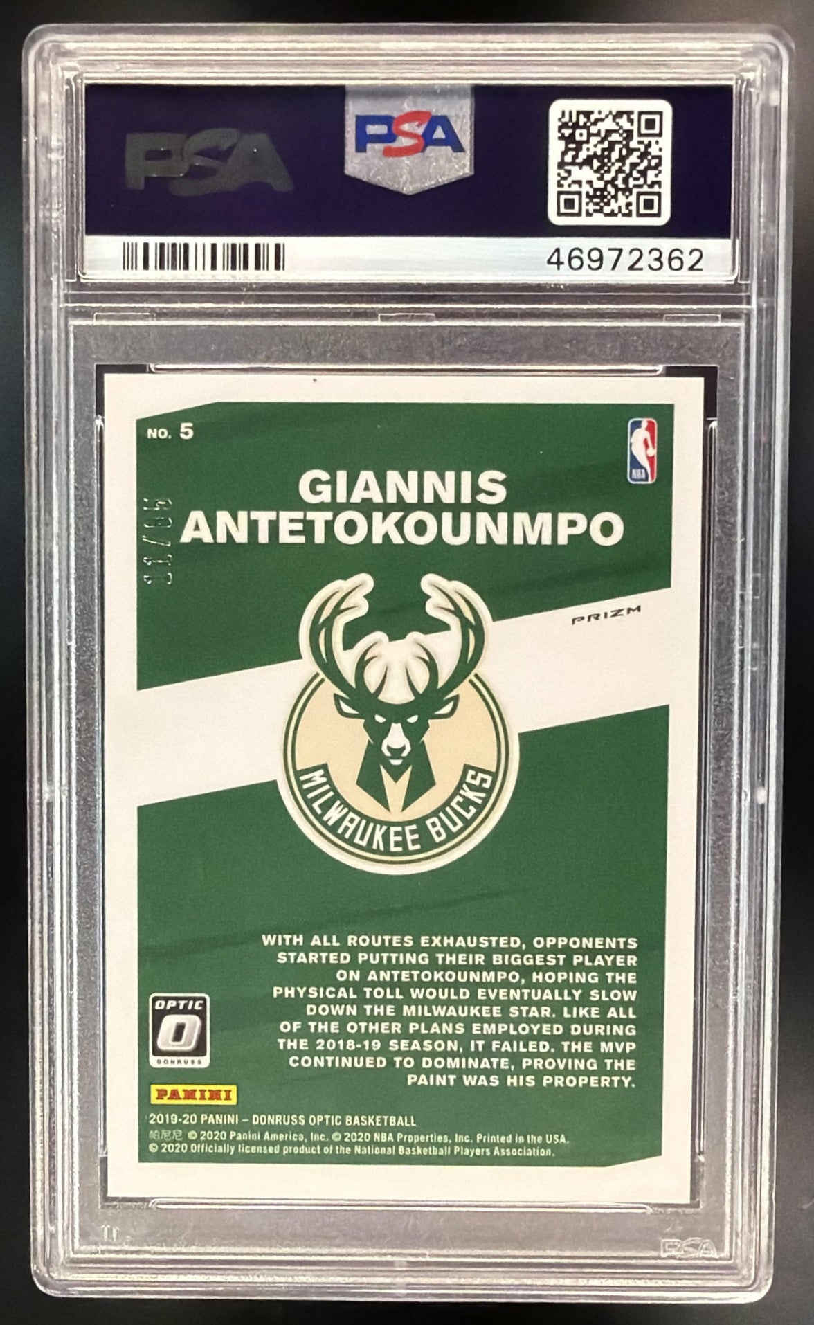 2019-20 Panini Donruss Optic Giannis Antetokounmpo #5 My House Blue /85 PSA 10