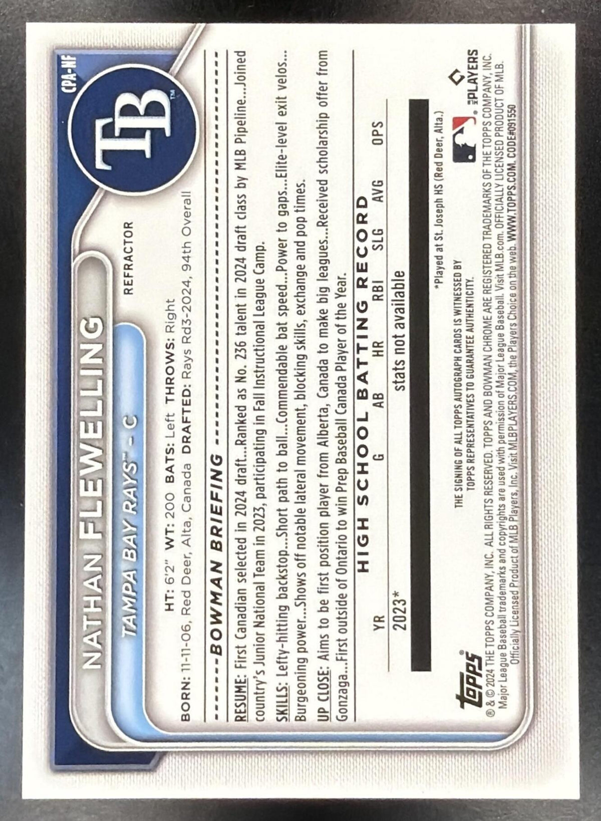 2024 Bowman Draft Nathan Flewelling #CPA-NF Chrome Auto Refractor 335/499 1st