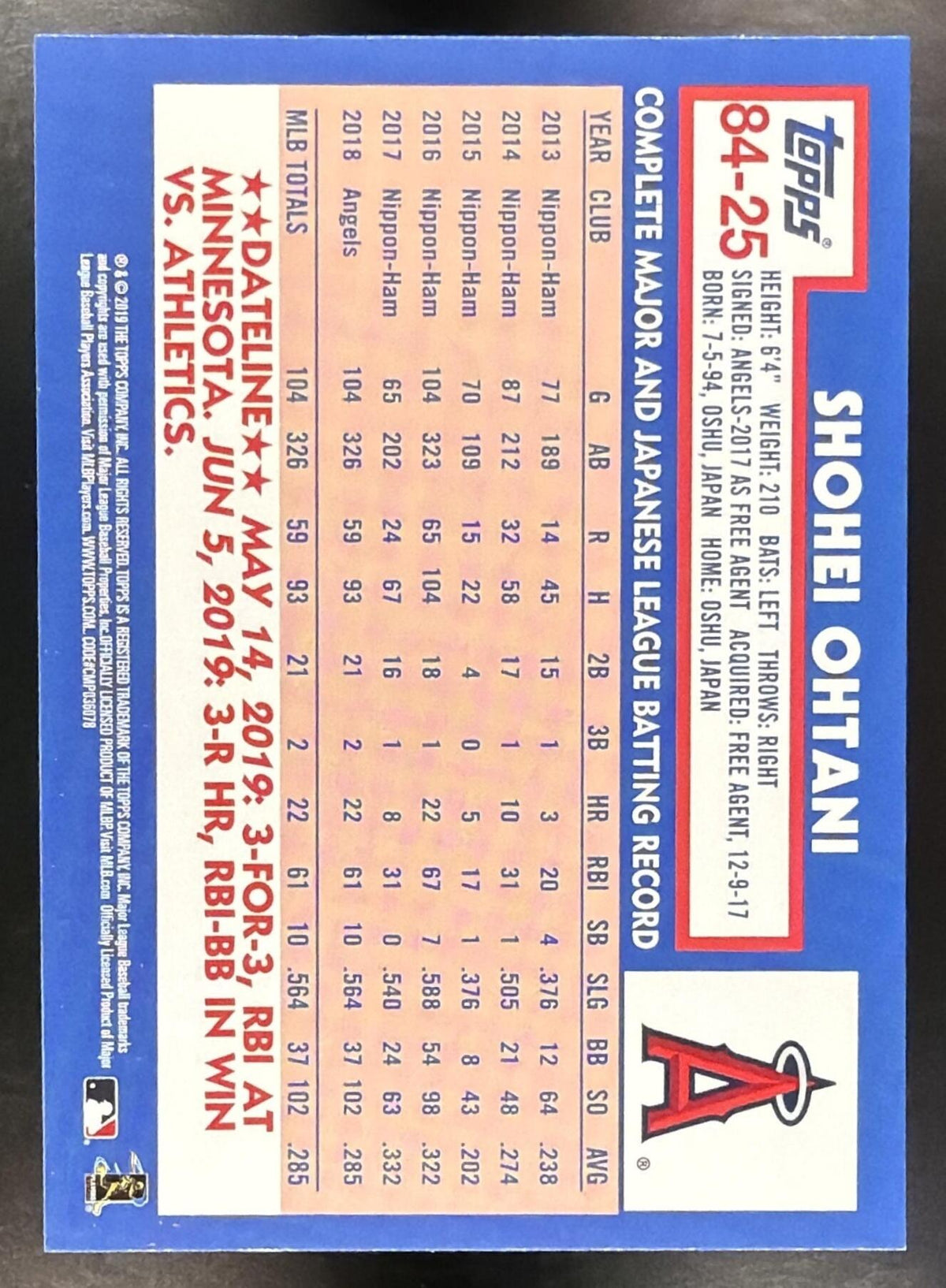 2019 Topps Update Shohei Ohtani #84-25 1984 Baseball 35th Anniversary