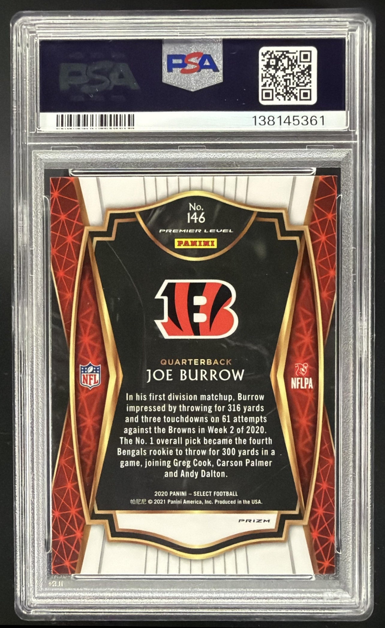 2020 Panini Select Joe Burrow #146 Silver Prizm RC Premier Level PSA 10