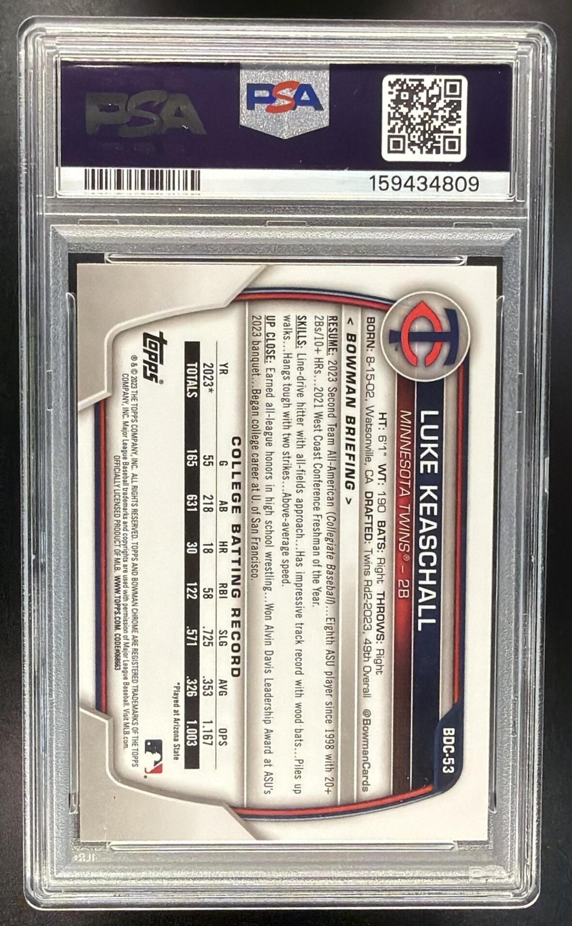 2023 Bowman Draft Sapphire Luke Keaschall #BDC-53 Chrome Padparadscha Refractor 1/1 1st Prospect PSA 10