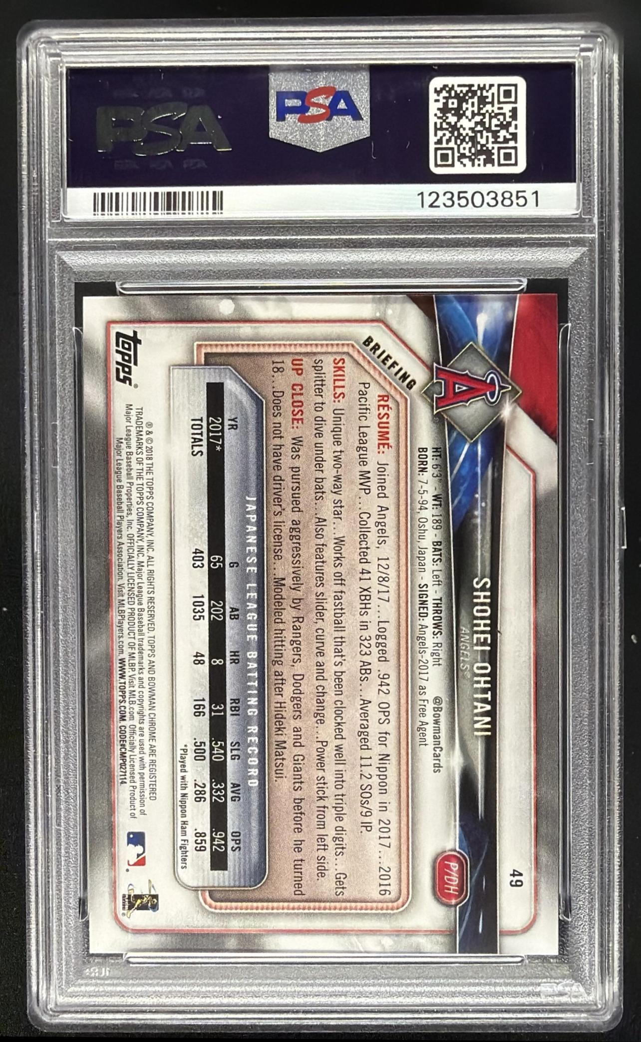 2018 Bowman Shohei Ohtani #49 RC PSA 9