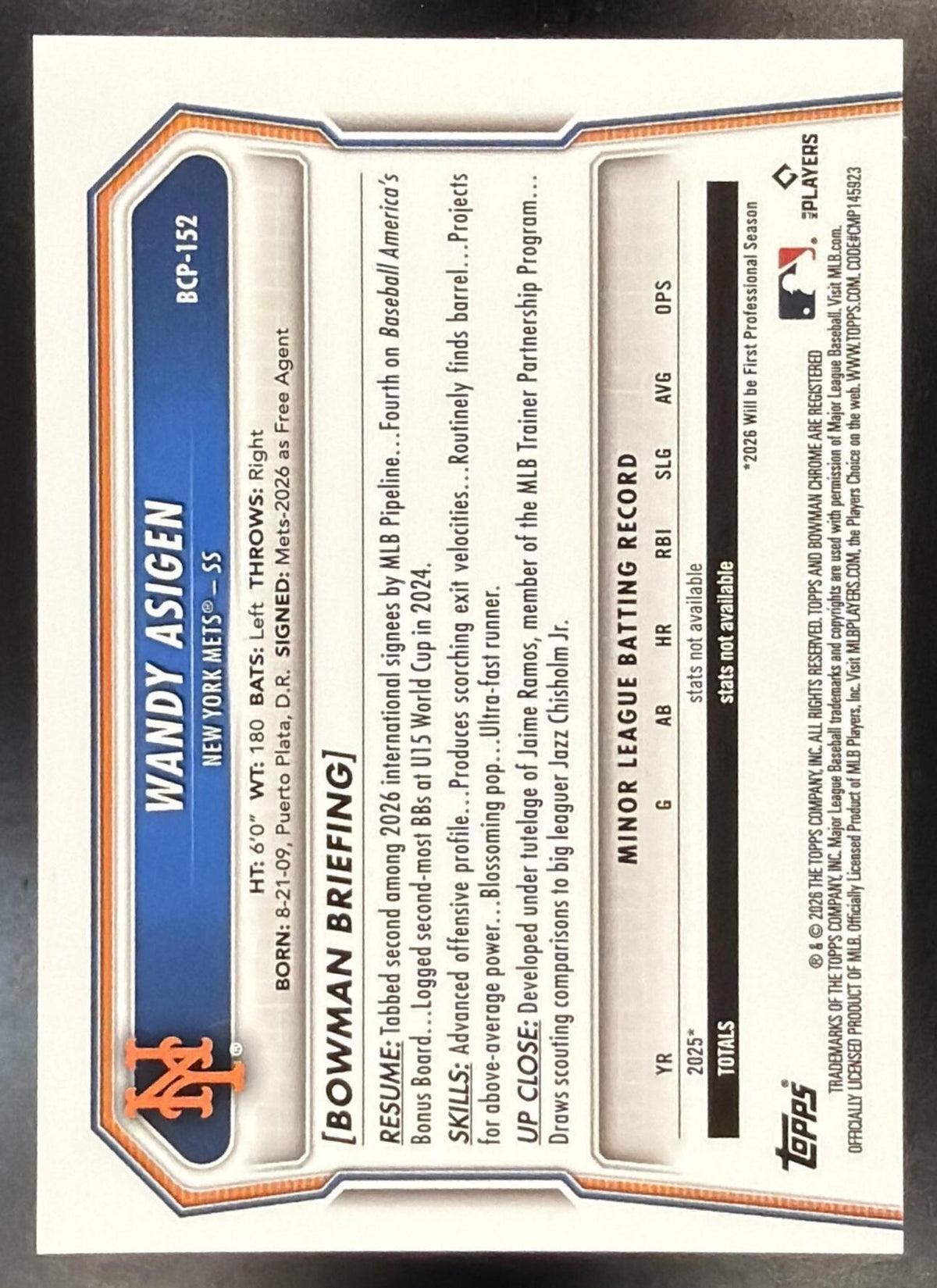 2026 Bowman Chrome Wandy Asigen #BCP-152 Gold Geometric Refractor 24/50 1st Prospect Mets