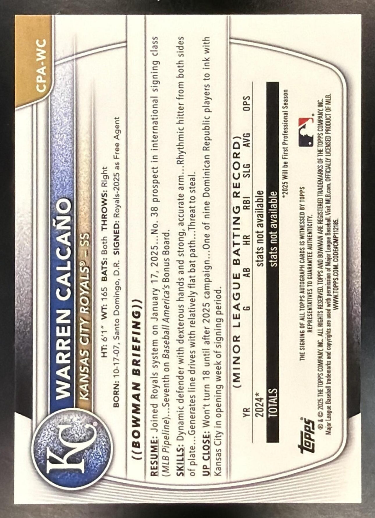 2025 Bowman Chrome Warren Calcano #CPA-WC Auto Yellow Refractor 30/75 1st Prospect