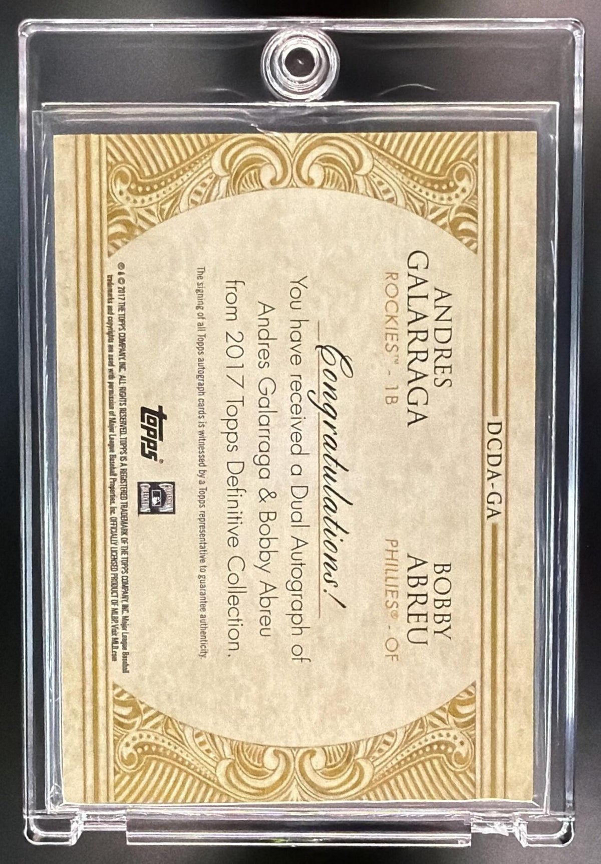2017 Topps Definitive Collection Andres Galarraga Bobby Abreu #DCDA-GA Dual Auto Purple /5