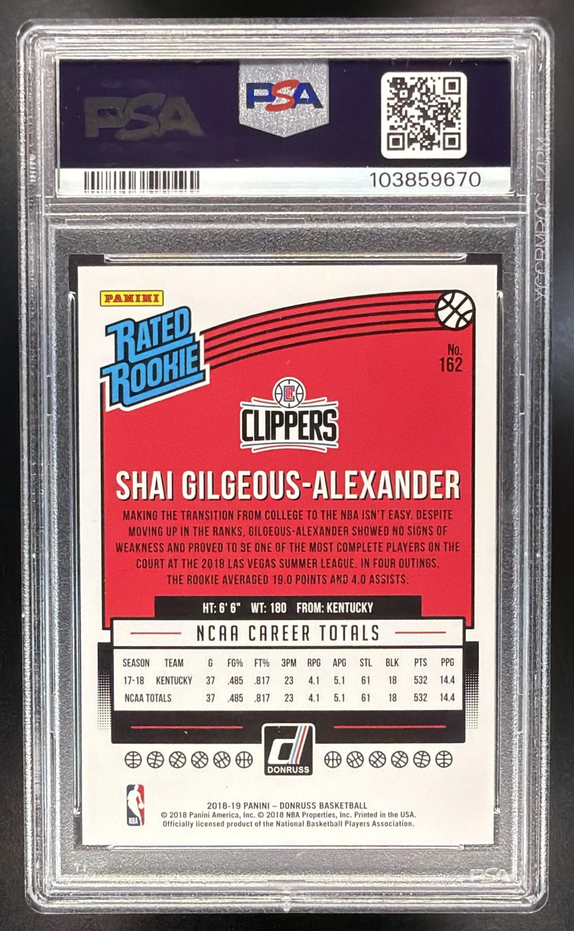 2018-19 Panini Donruss Shai Gilgeous-Alexander #162 RC PSA 10