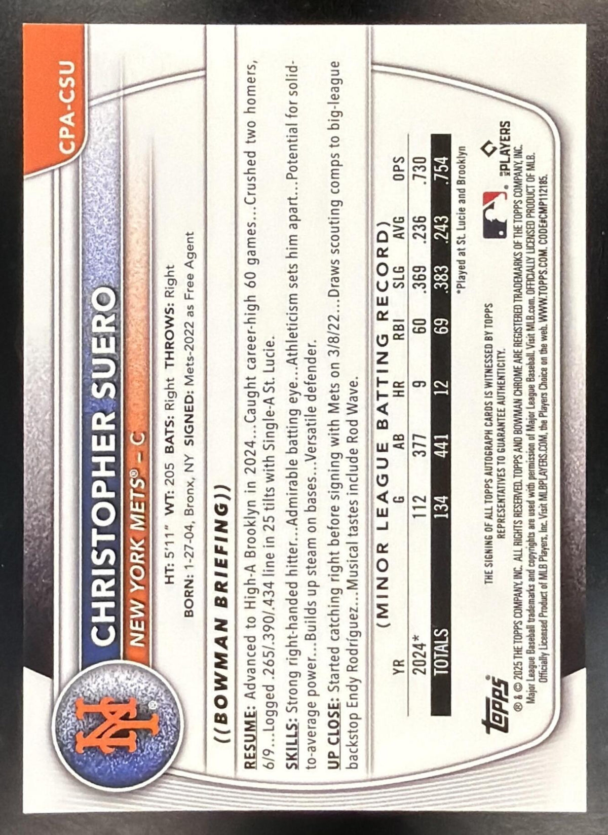 2025 Bowman Chrome Christopher Suero #CPA-CSU Auto Blue Refractor 90/150 1st Prospect