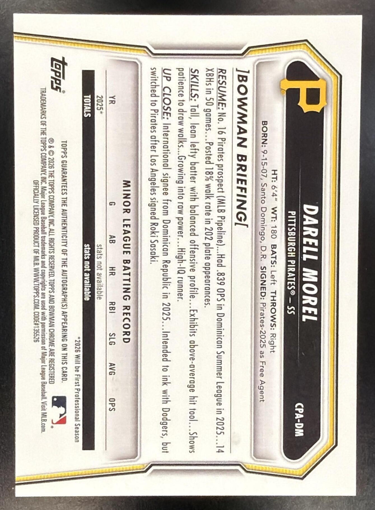 2026 Bowman Chrome Darell Morel #CPA-DM Auto Logofractor 26/35 1st Prospect SSP