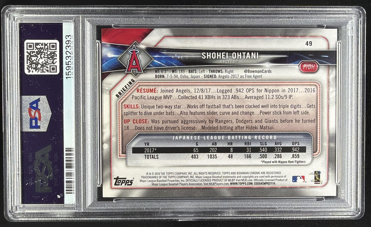 2018 Bowman Shohei Ohtani #49 RC PSA 8