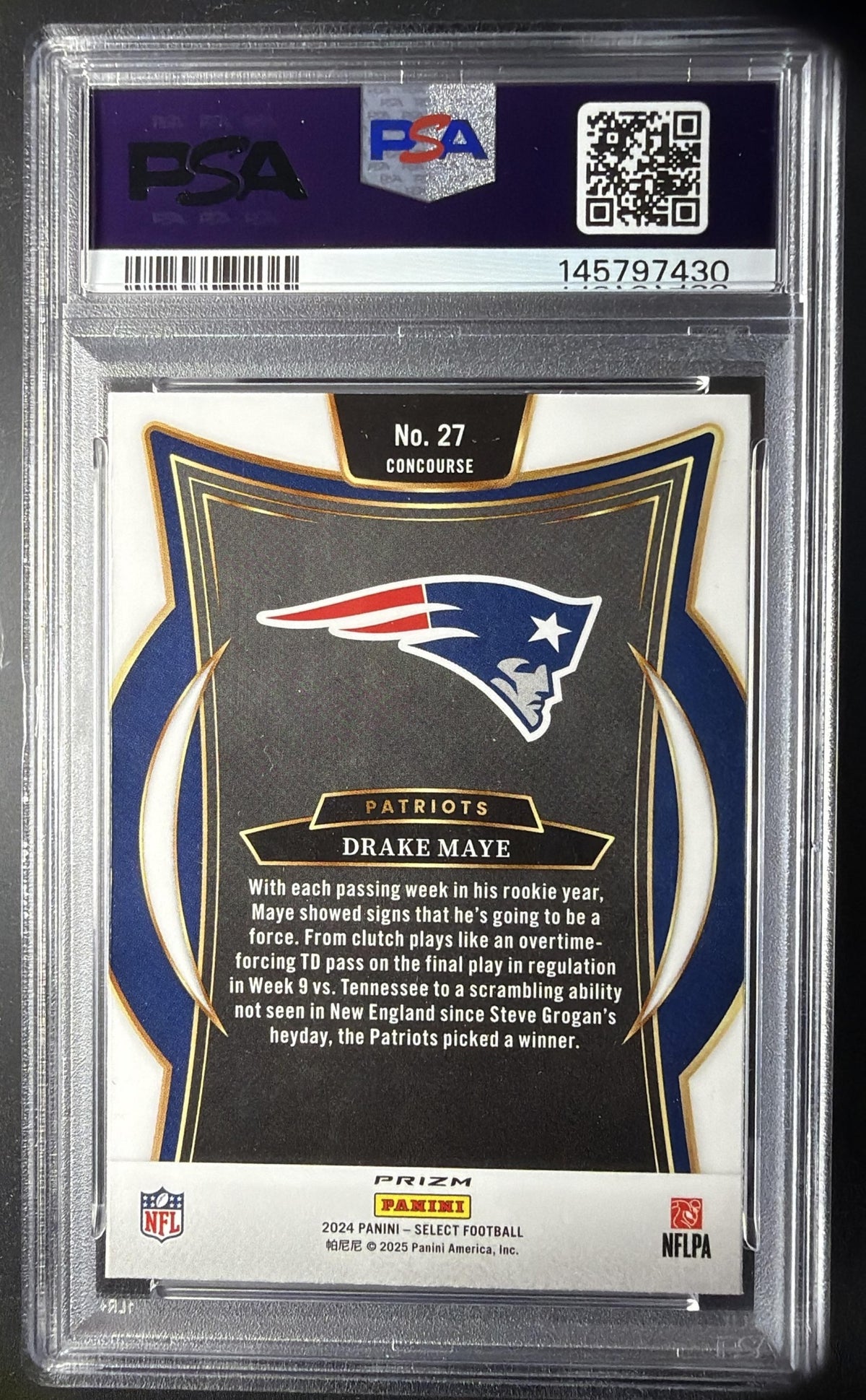 2024 Panini Select Drake Maye #27 Concourse Black and Red Prizm Shock RC PSA 10