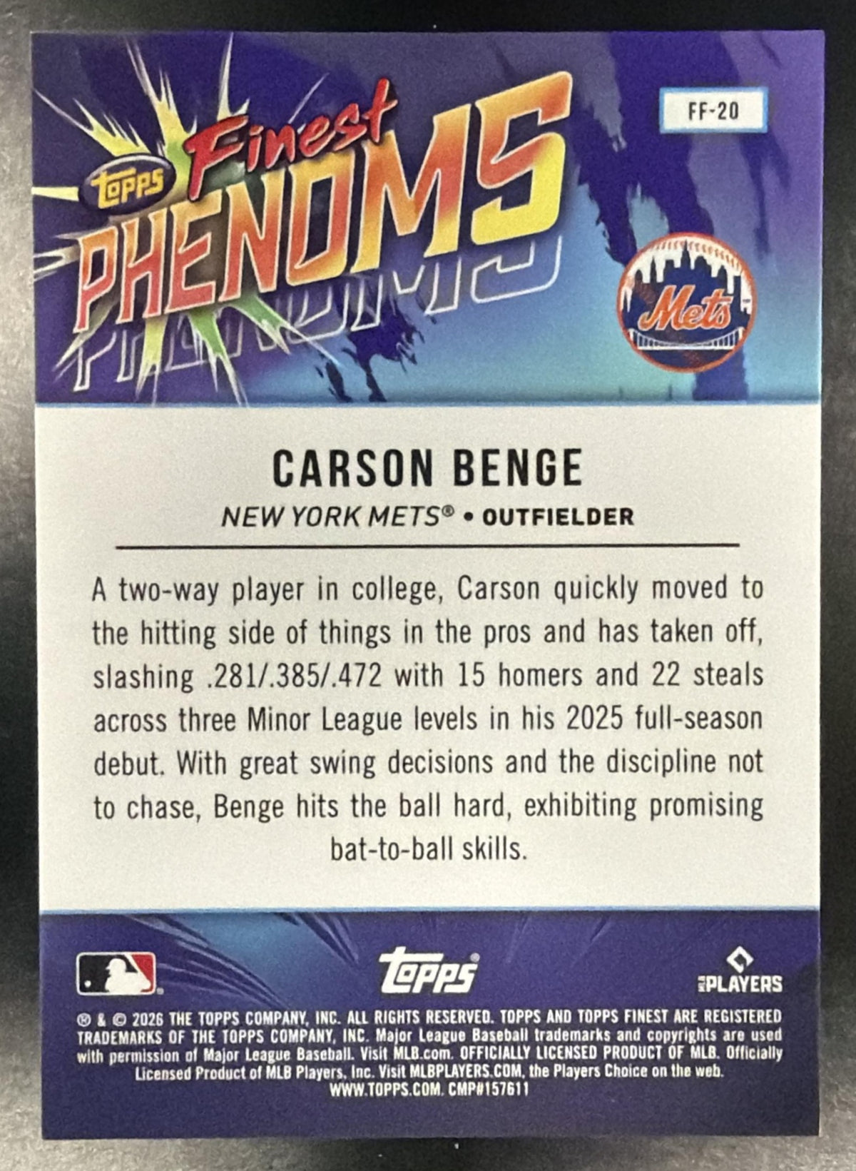 2026 Topps Finest Carson Benge #FF-20 Phenoms Gold Geometric Refractor 24/50 RC