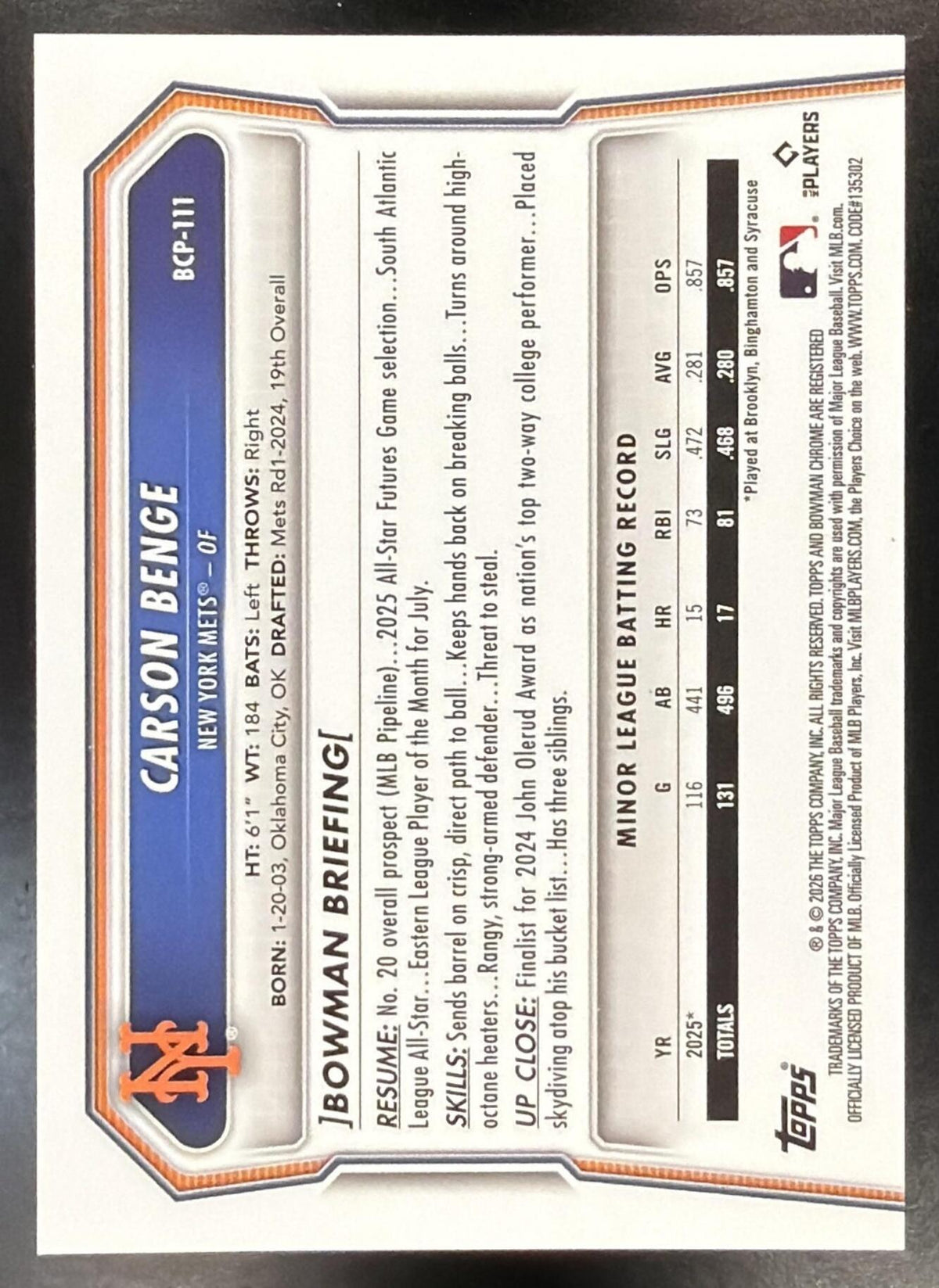 2026 Bowman Sapphire Carson Benge #BCP-111 Gold 26/50 Prospects