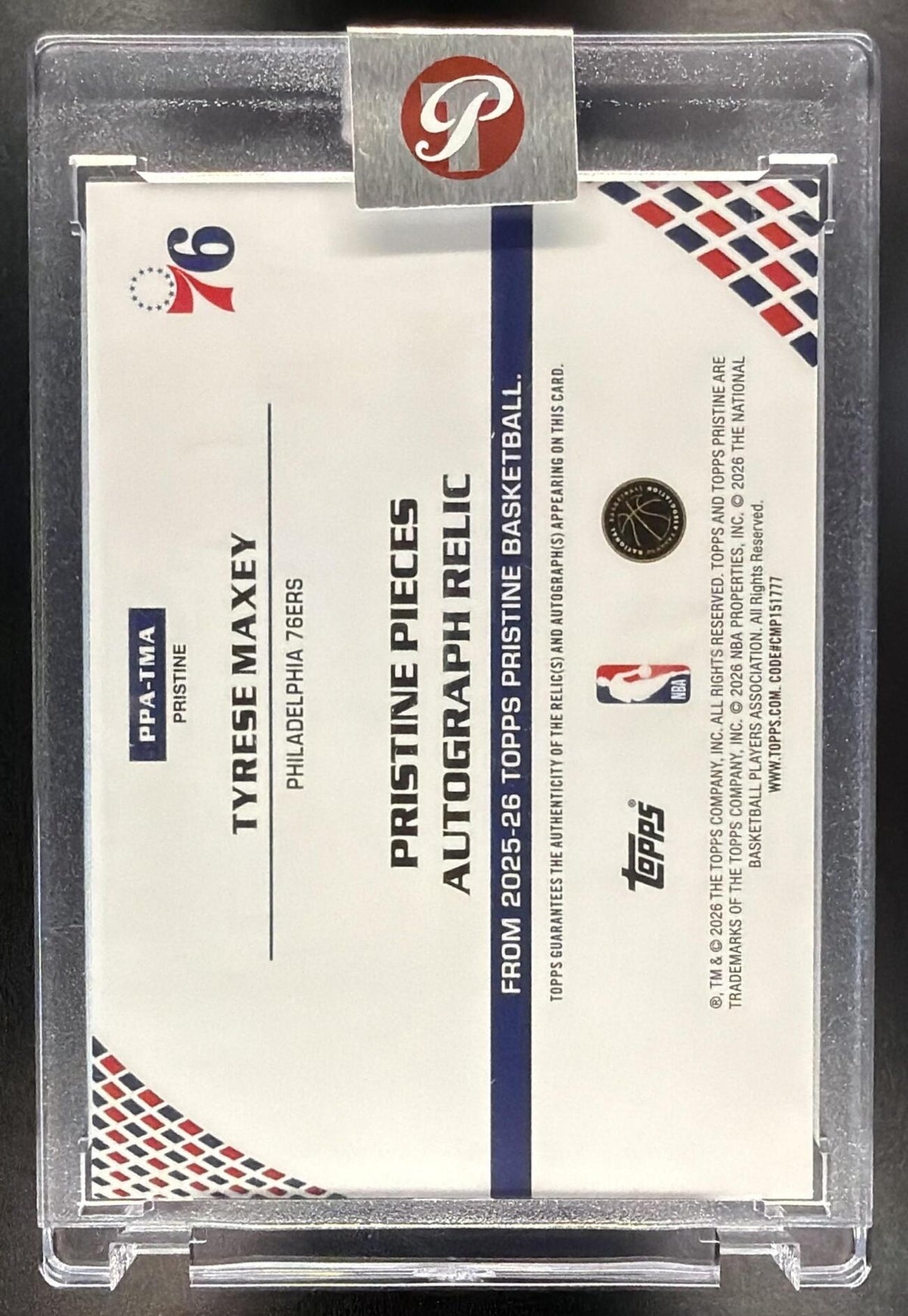 2025-26 Topps Pristine Tyrese Maxey #PPA-TMA Pieces Auto Patch 9/111st Day Issue