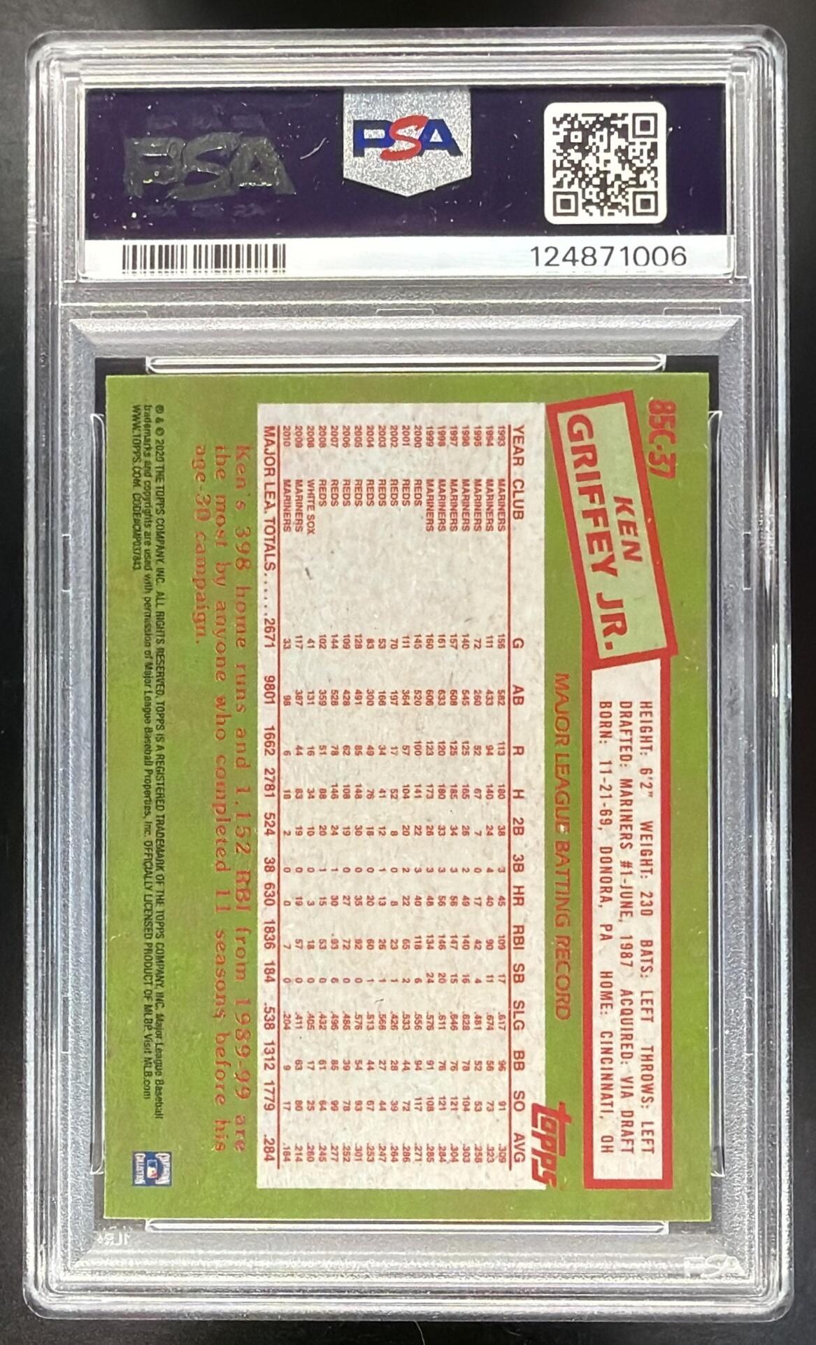 2020 Topps Ken Griffey Jr. #85C-37 1985 Chrome Silver Pack Promotion PSA 10