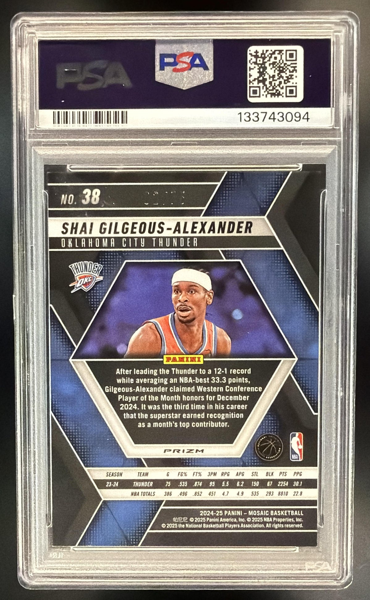 2024-25 Panini Mosaic Shai Gilgeous-Alexander #38 Blue Flourescent 2/49 JSY # PSA 9