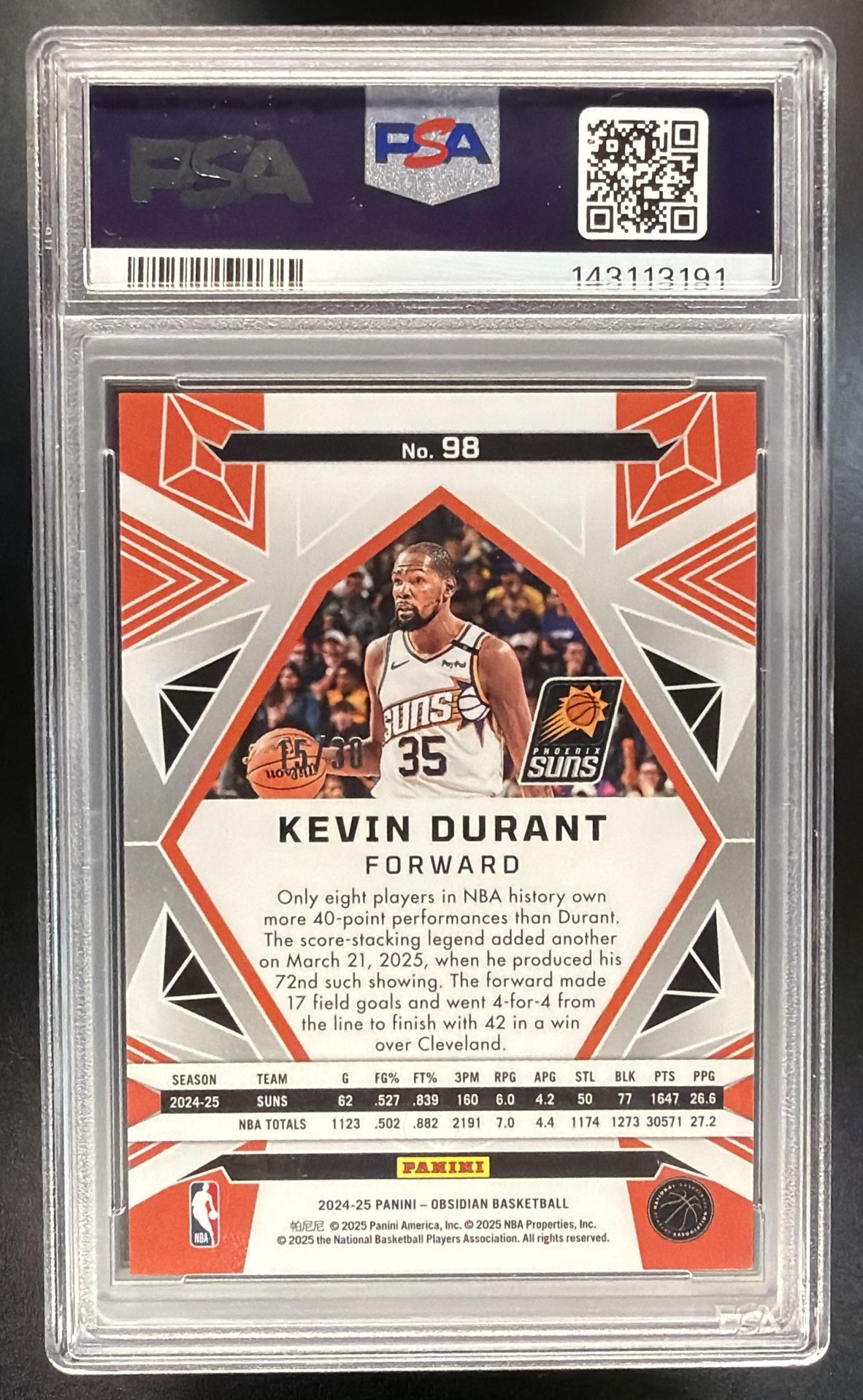 2024-25 Panini Obsidian Kevin Durant #98 Electric Etch Blue Flood 15/30 PSA 10
