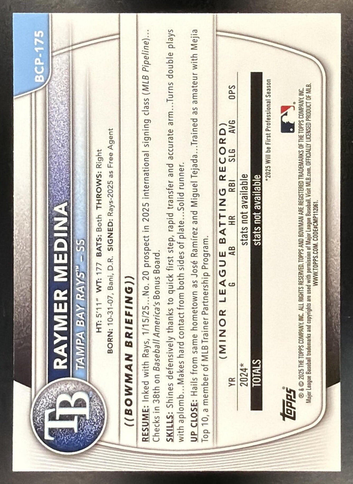 2025 Bowman Chrome Raymer Medina #BCP-175 Popcorn Refractor 1st Prospect