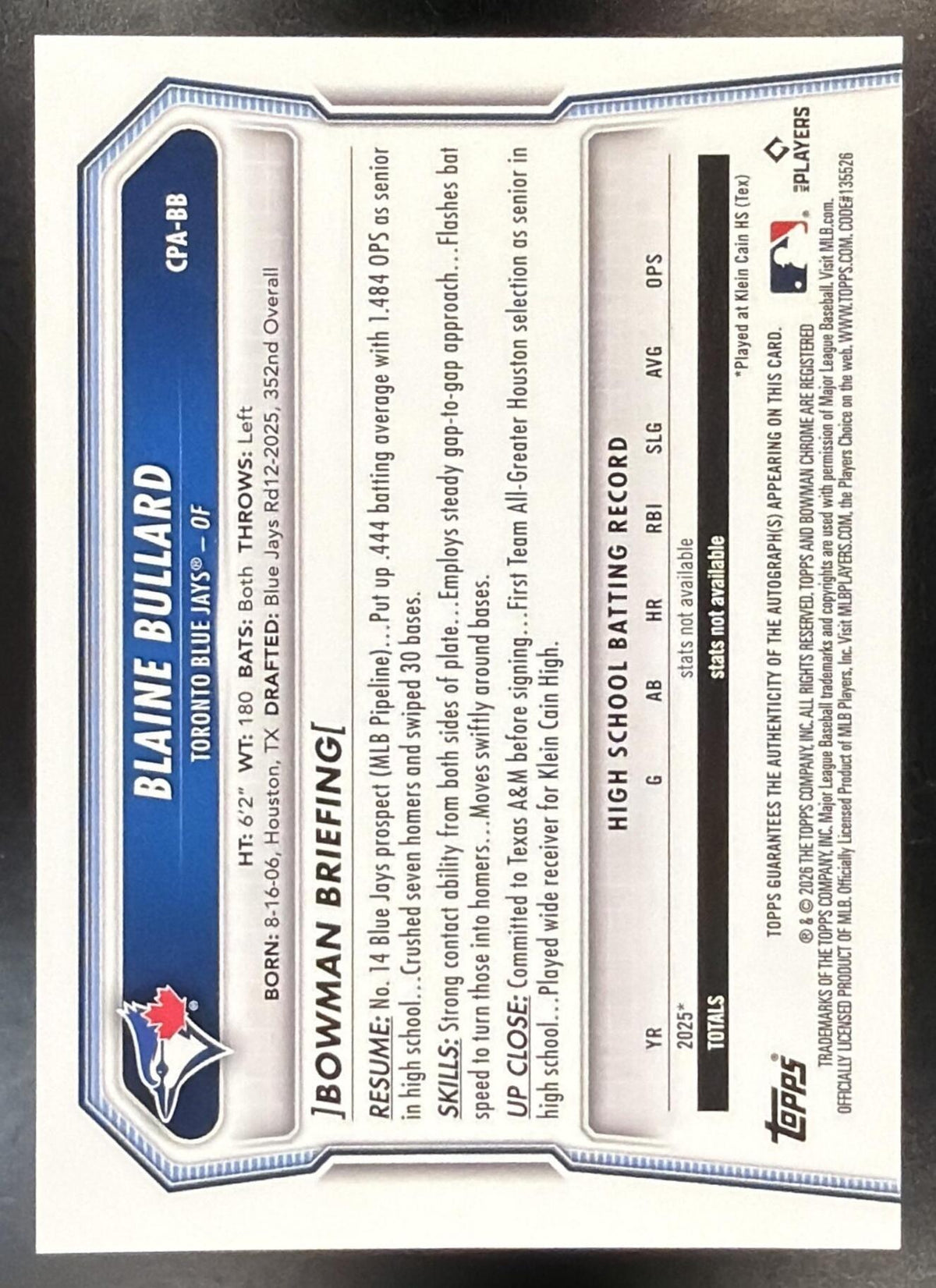 2026 Bowman Blaine Bullard #CPA-BB Chrome Auto Mini-Diamond Refractor 14/100 1st Prospect