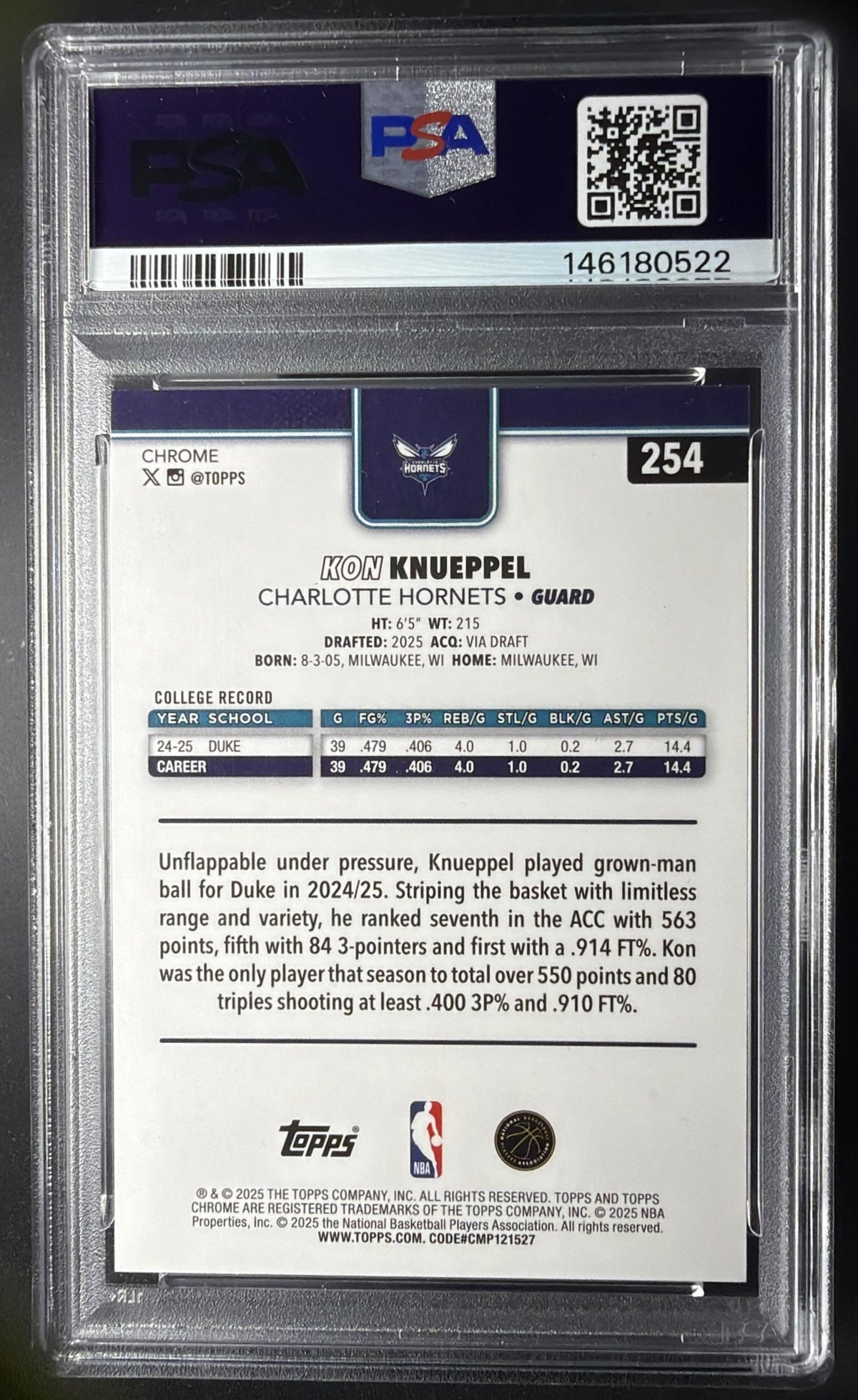 2025-26 Topps Chrome Kon Knueppel #254 Red White & Blue Refractor RC PSA 9