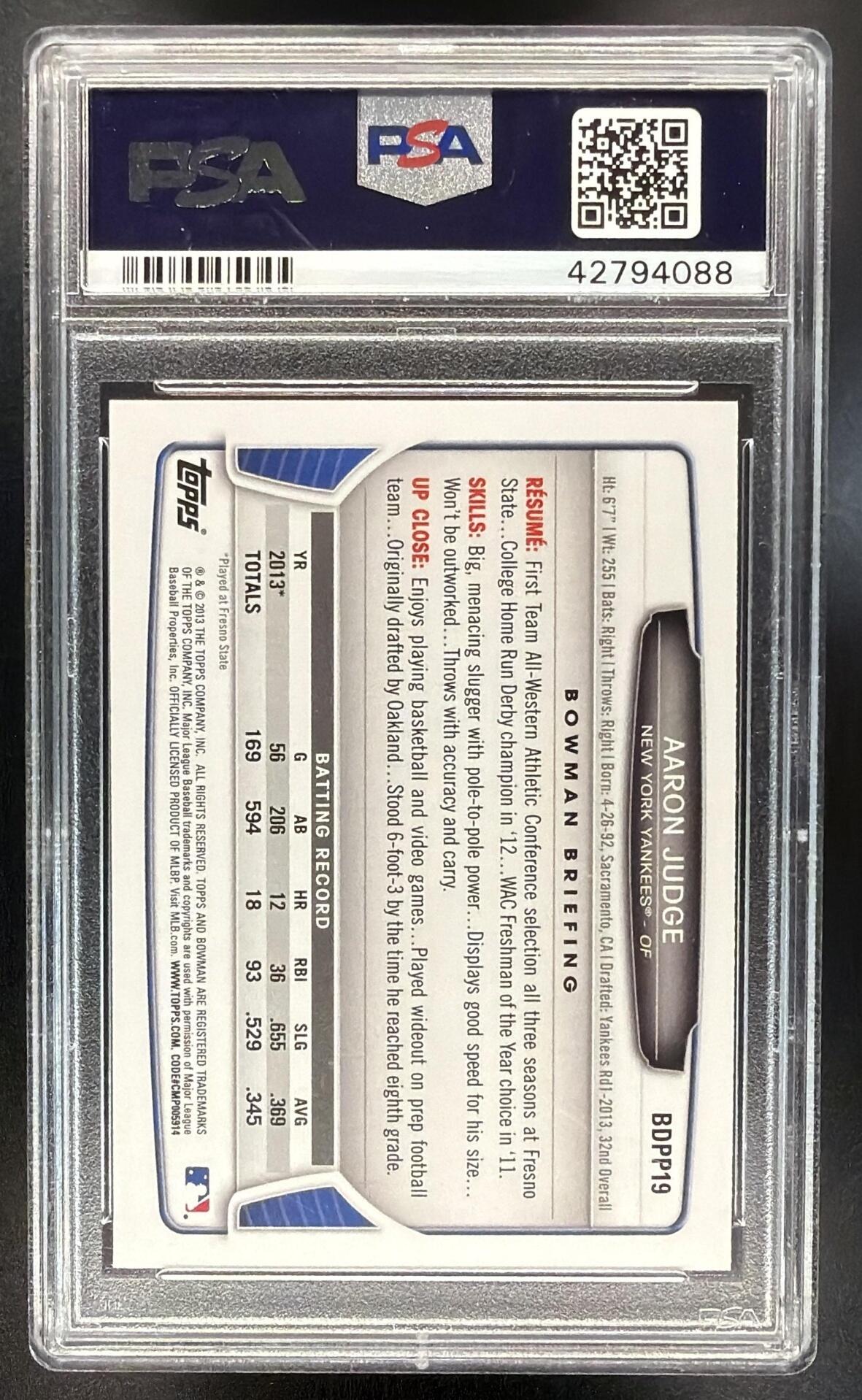 2013 Bowman Draft Picks & Prospects Aaron Judge #BDPP19 PSA 10