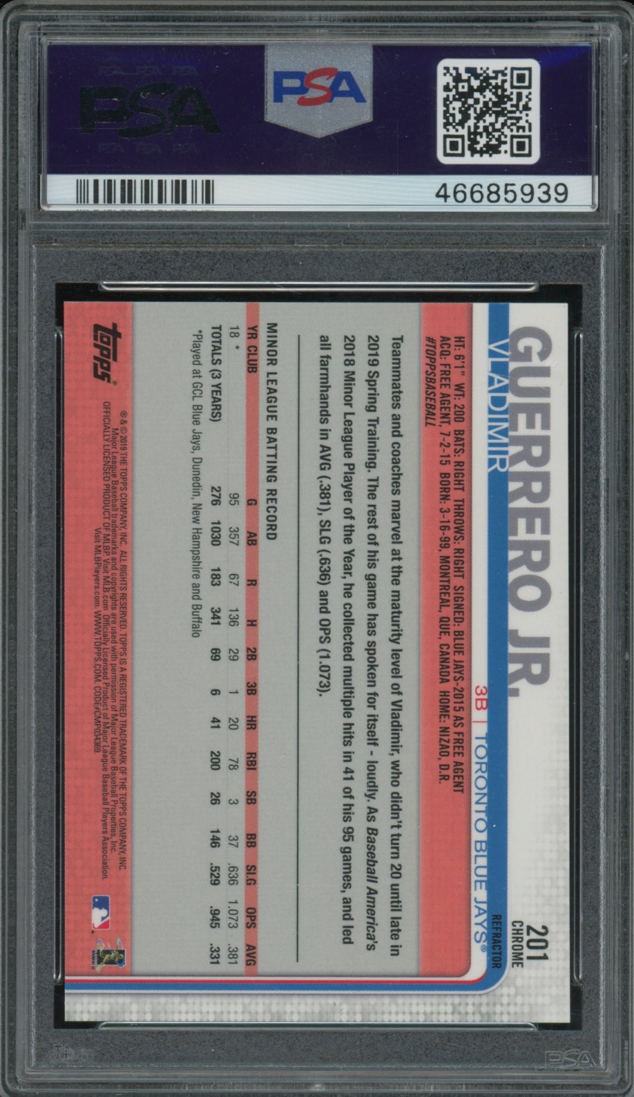 2019 Topps Chrome Vladimir Guerrero Jr. X-Fractor Rookie PSA 10