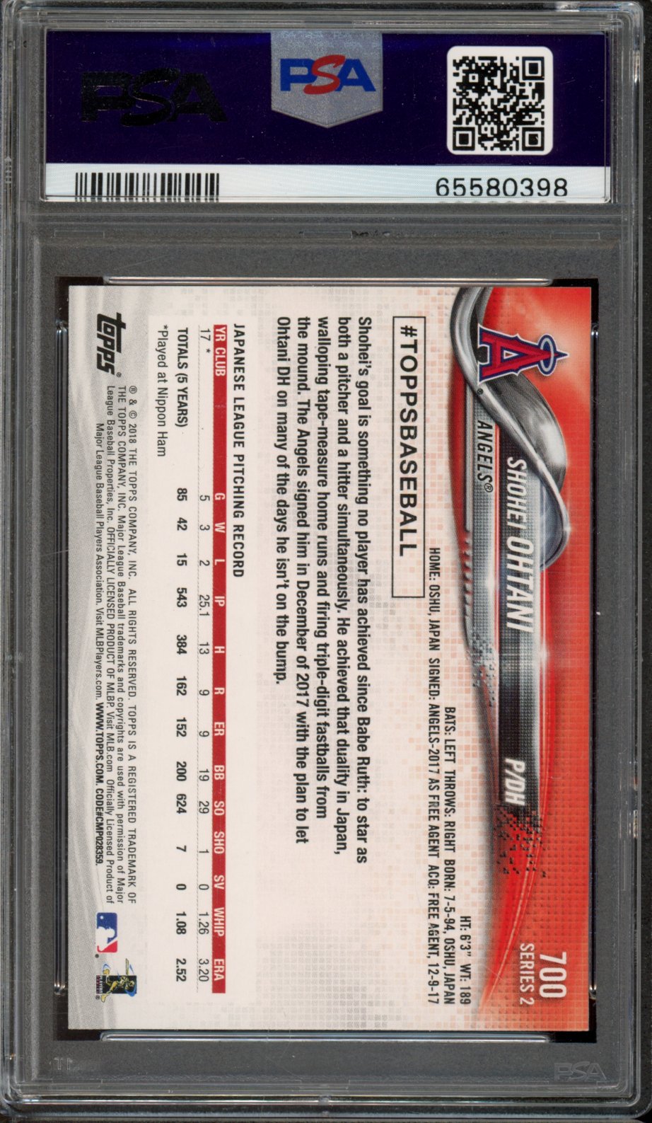 2018 Topps Shohei Ohtani Rookie #700 PSA 10