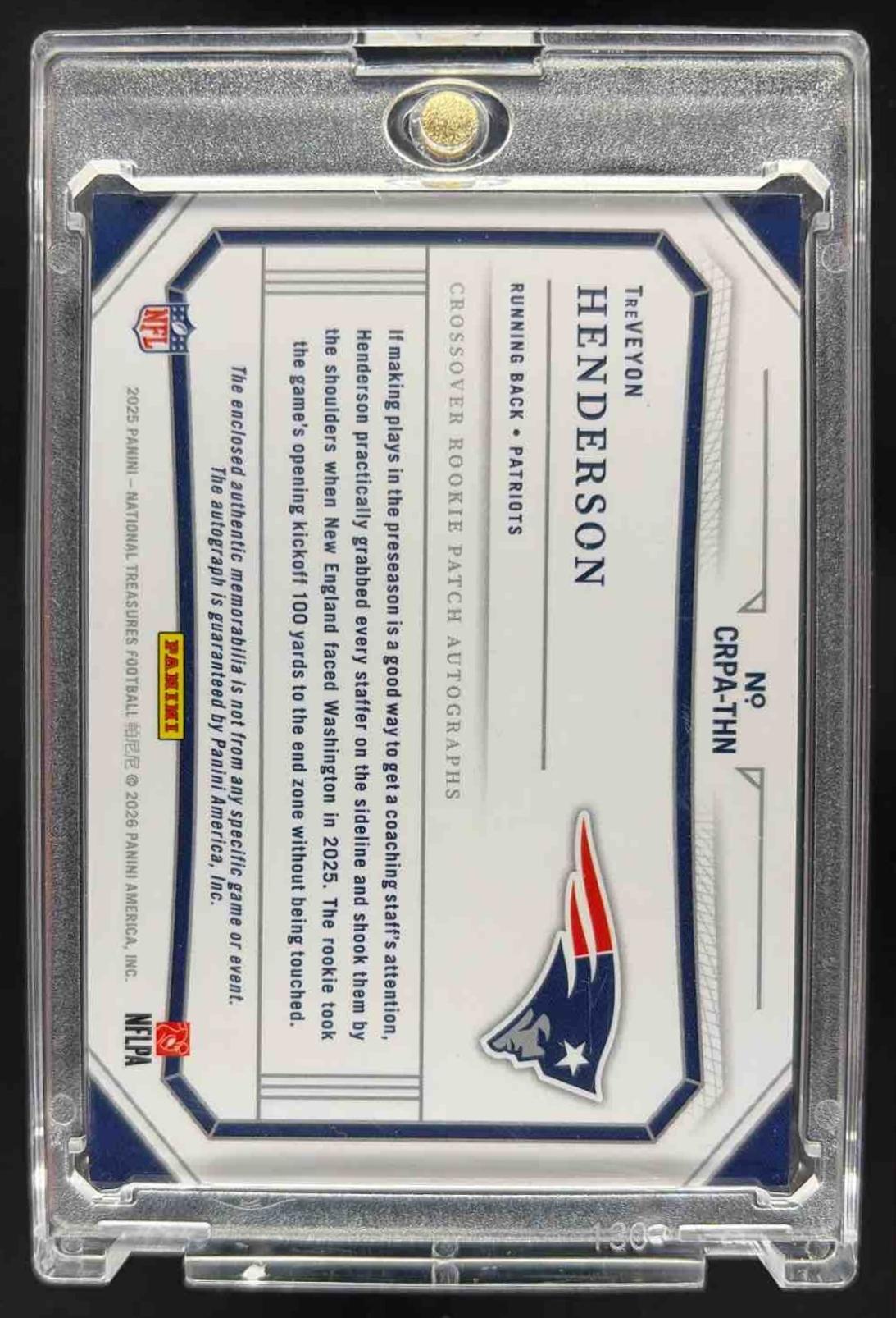 2025 Panini National Treasures TreVeyon Henderson #CRPA-THN Crossover Rookie Patch Auto /99 MEM RC