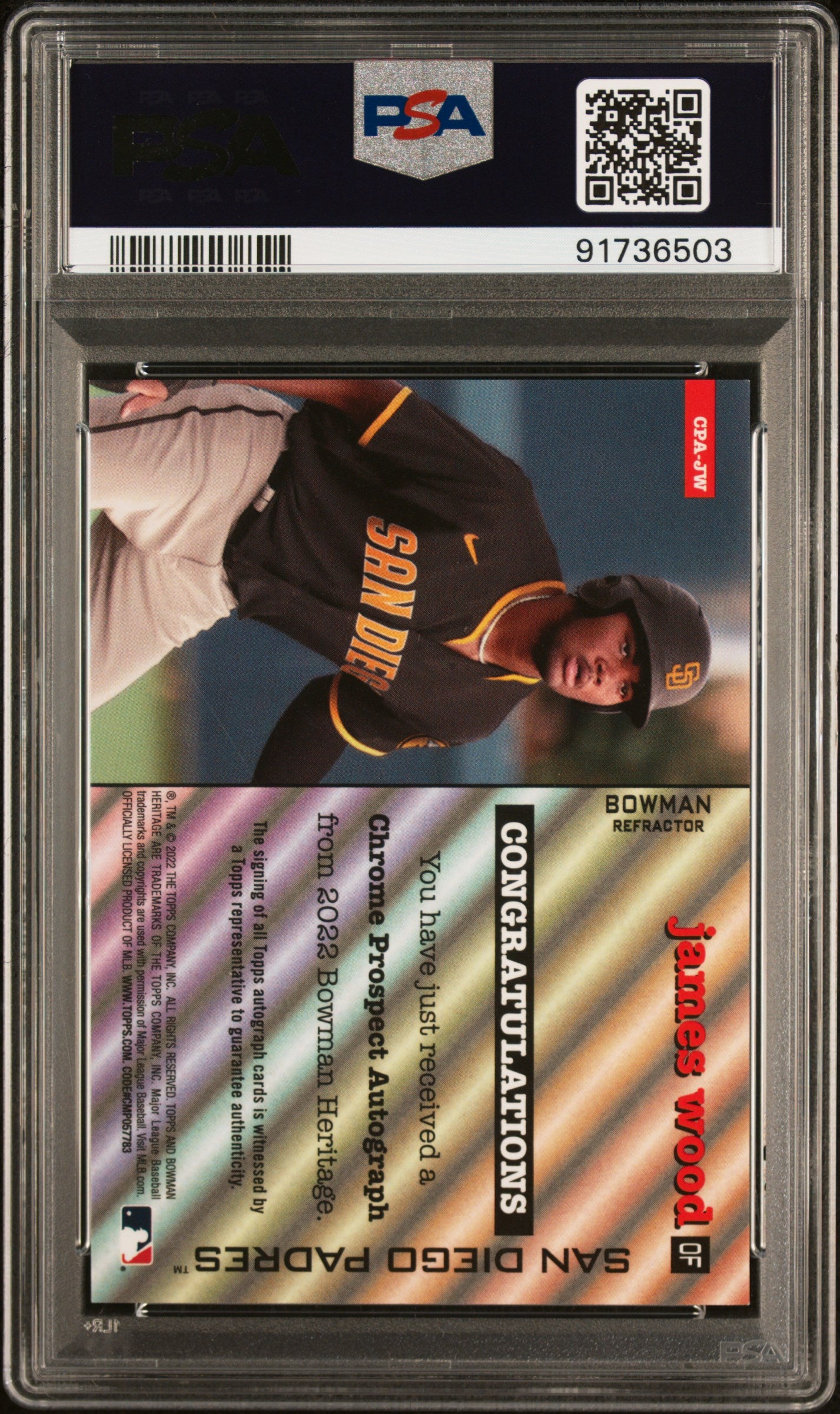 2022 Bowman Heritage James Wood Rookie Auto /99 PSA 10