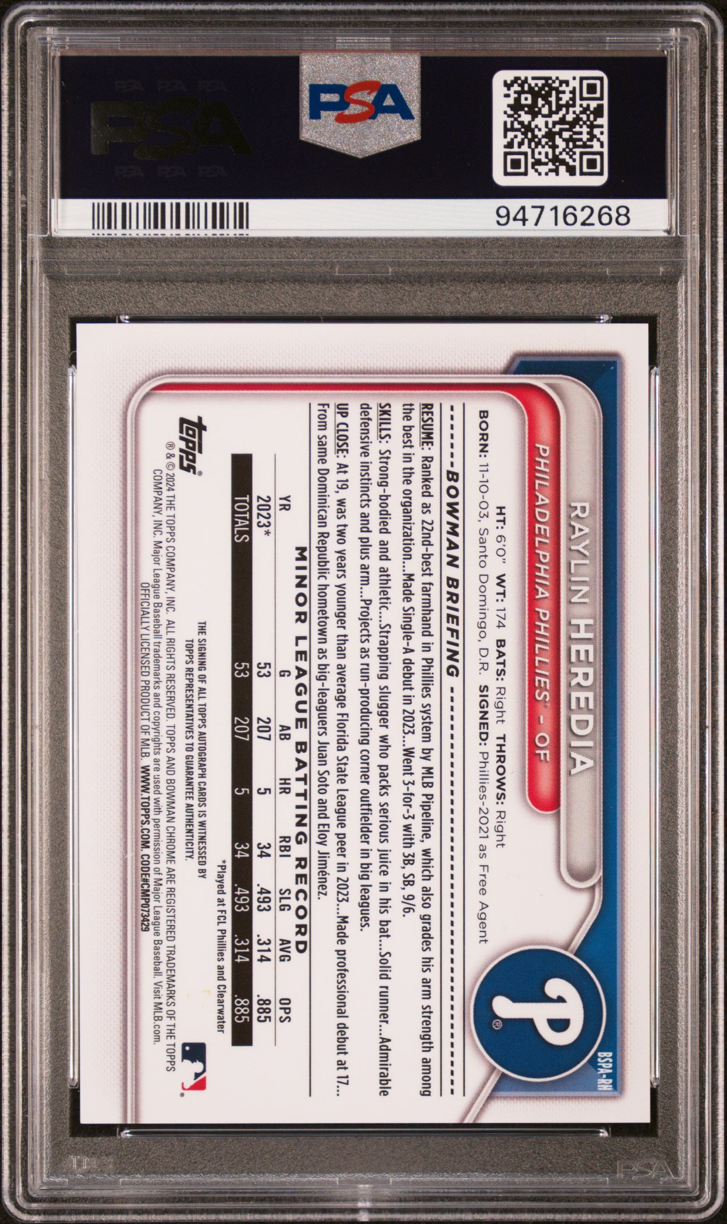 2024 Bowman Sapphire Raylin Heredia Green Auto 18/99 PSA 10
