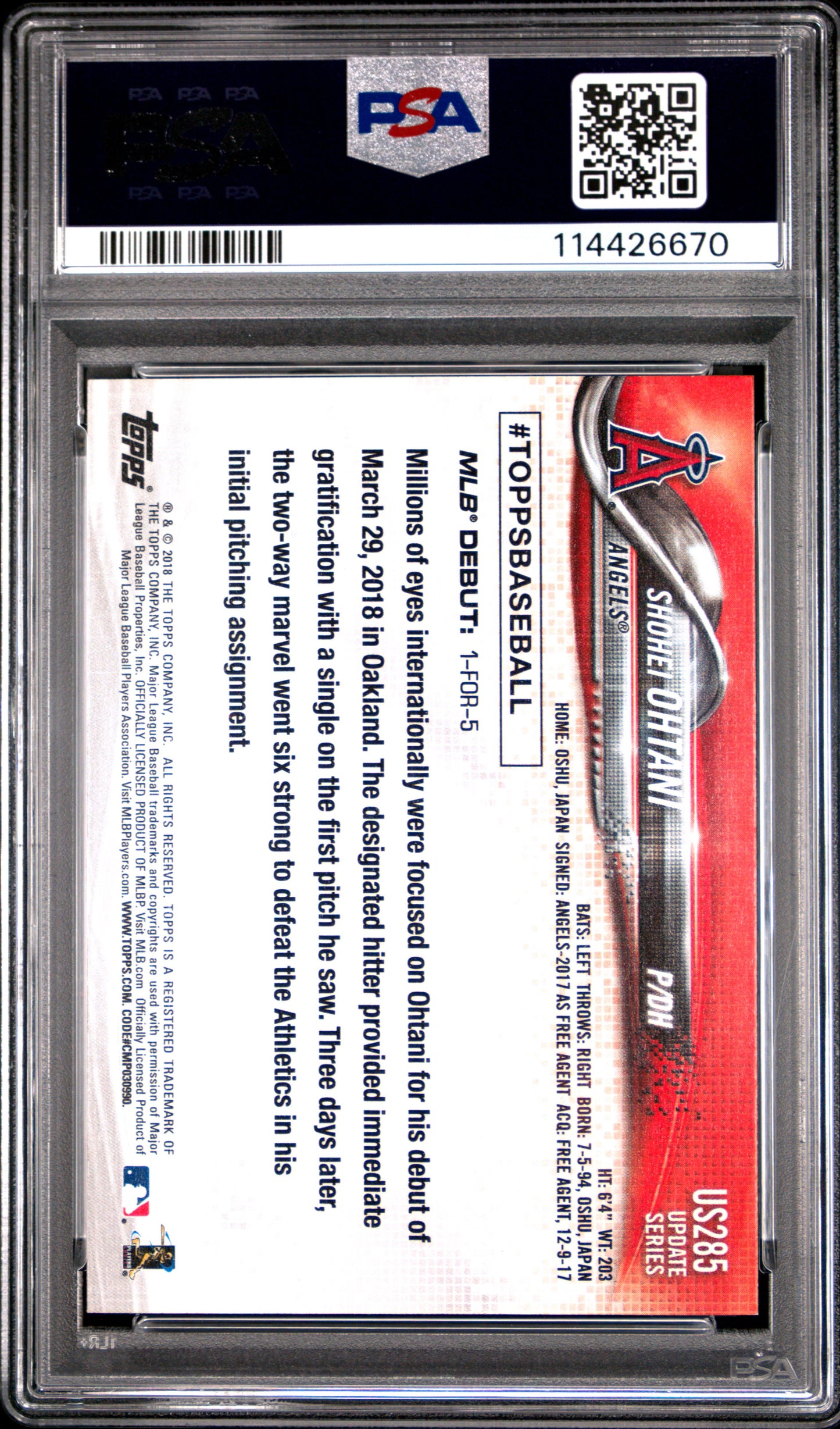2018 Topps Update Shohei Ohtani Rookie PSA 9