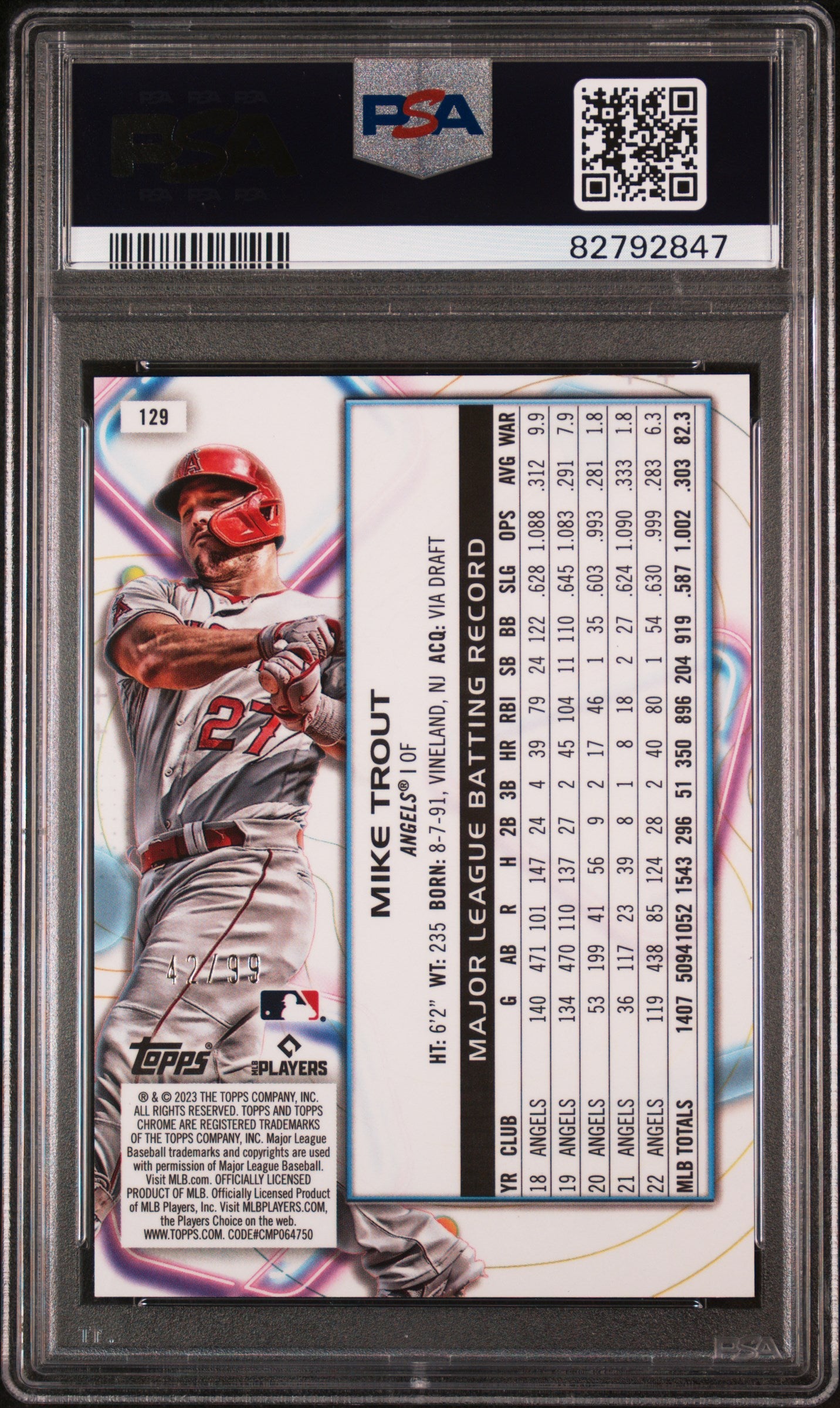 2023 Topps Cosmic Chrome Mike Trout #129 Blue Moon 42/99 PSA 10