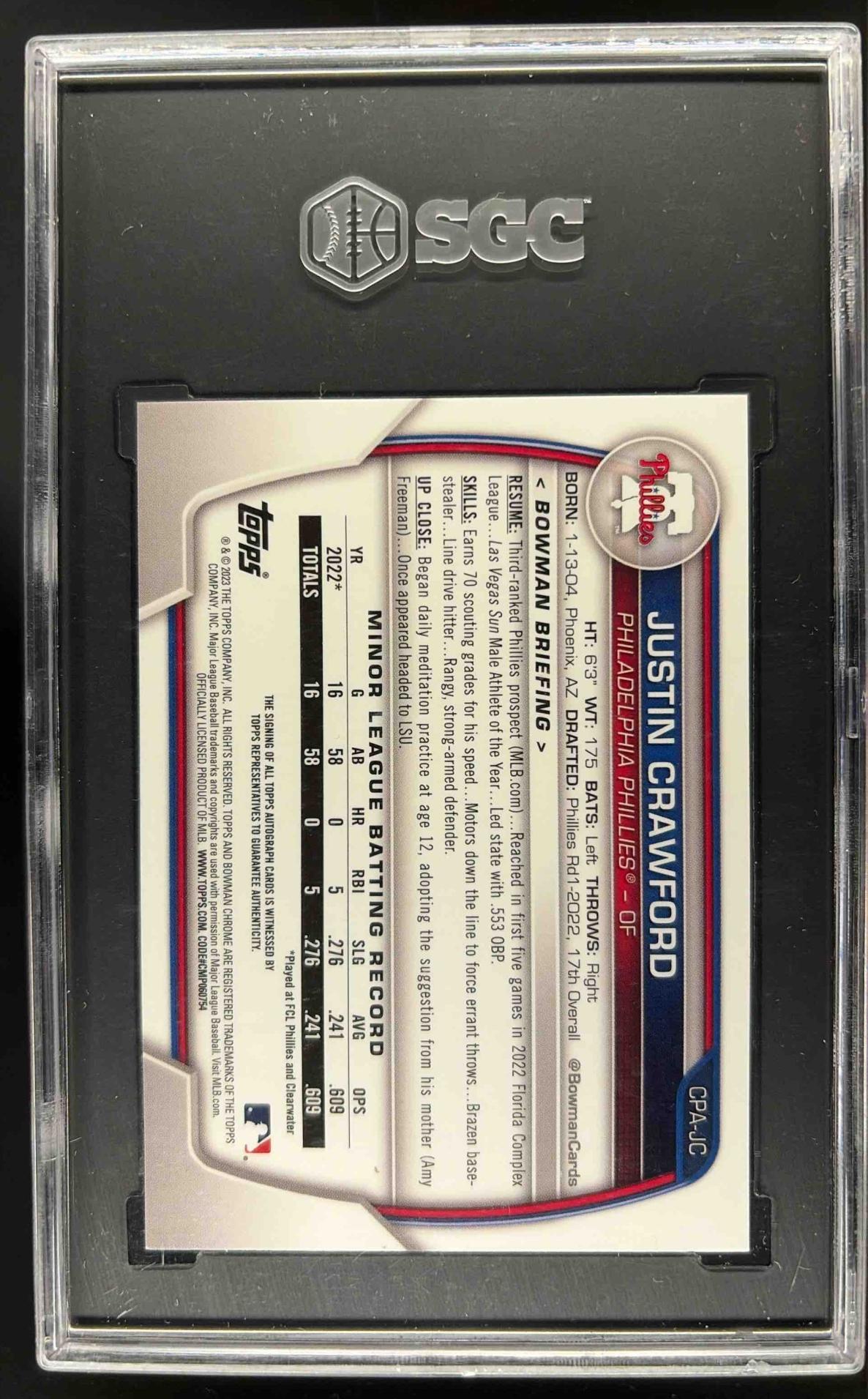 2023 Bowman Justin Crawford #CPA-JC Chrome Auto Purple Refractor /250 1st SGC 10