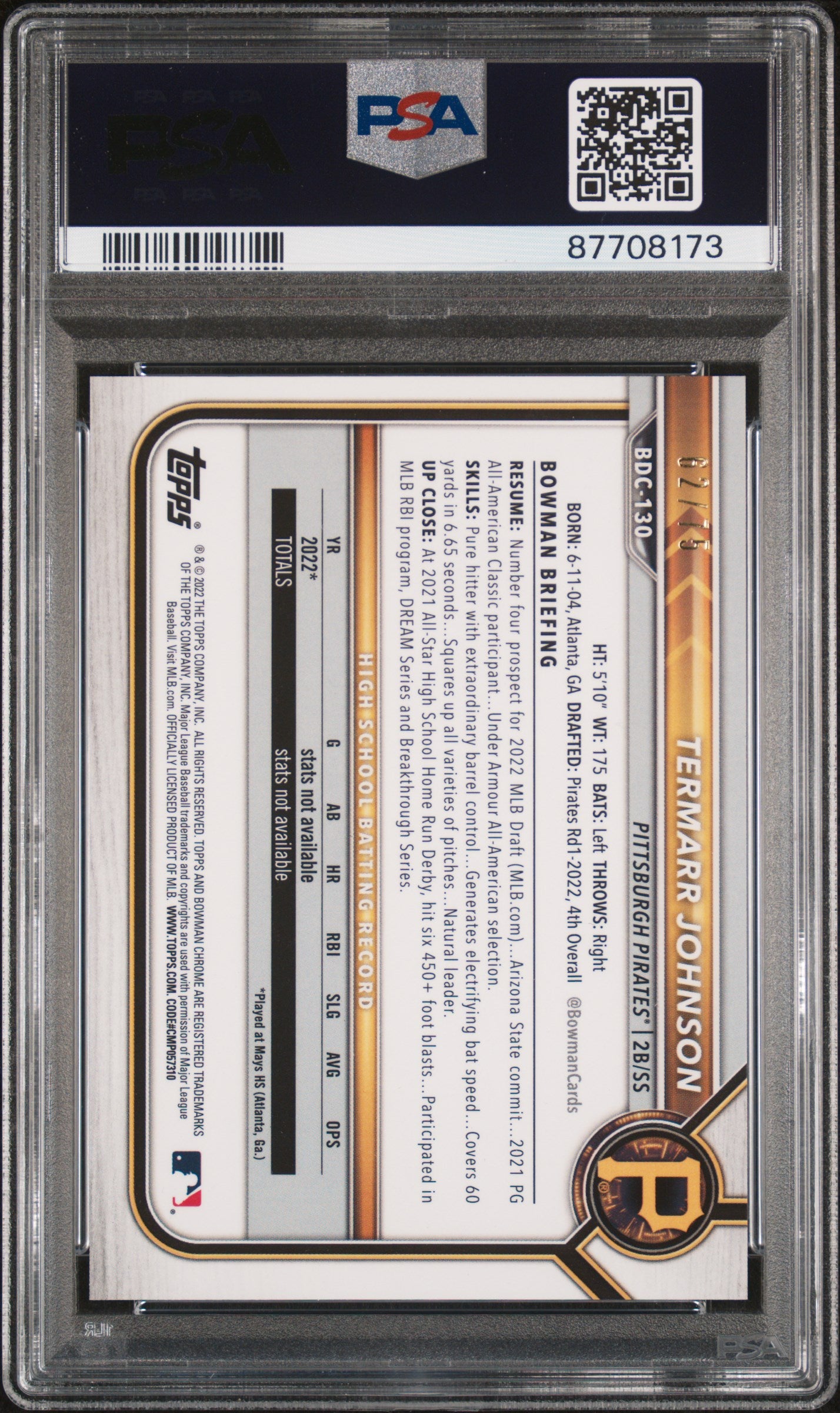 2022 Bowman Chrome Termarr Johnson Yellow Lava Refractor /75 PSA 10