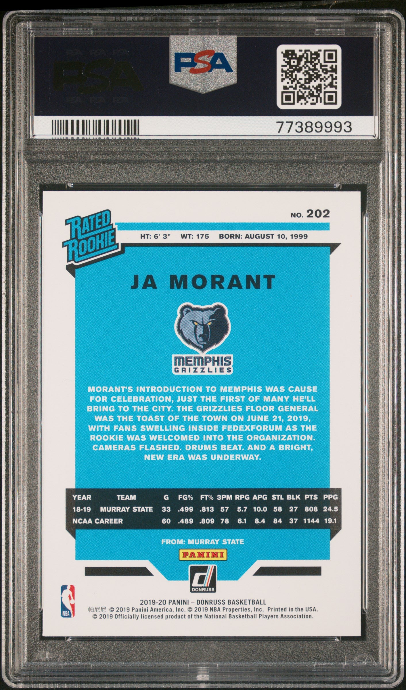 2019-20 Donruss Ja Morant Orange Laser Rookie PSA 10
