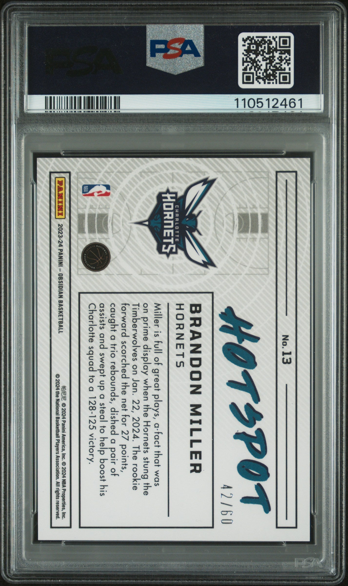 2023-24 Obsidian Brandon Miller Hotspot /60 Rookie PSA 10