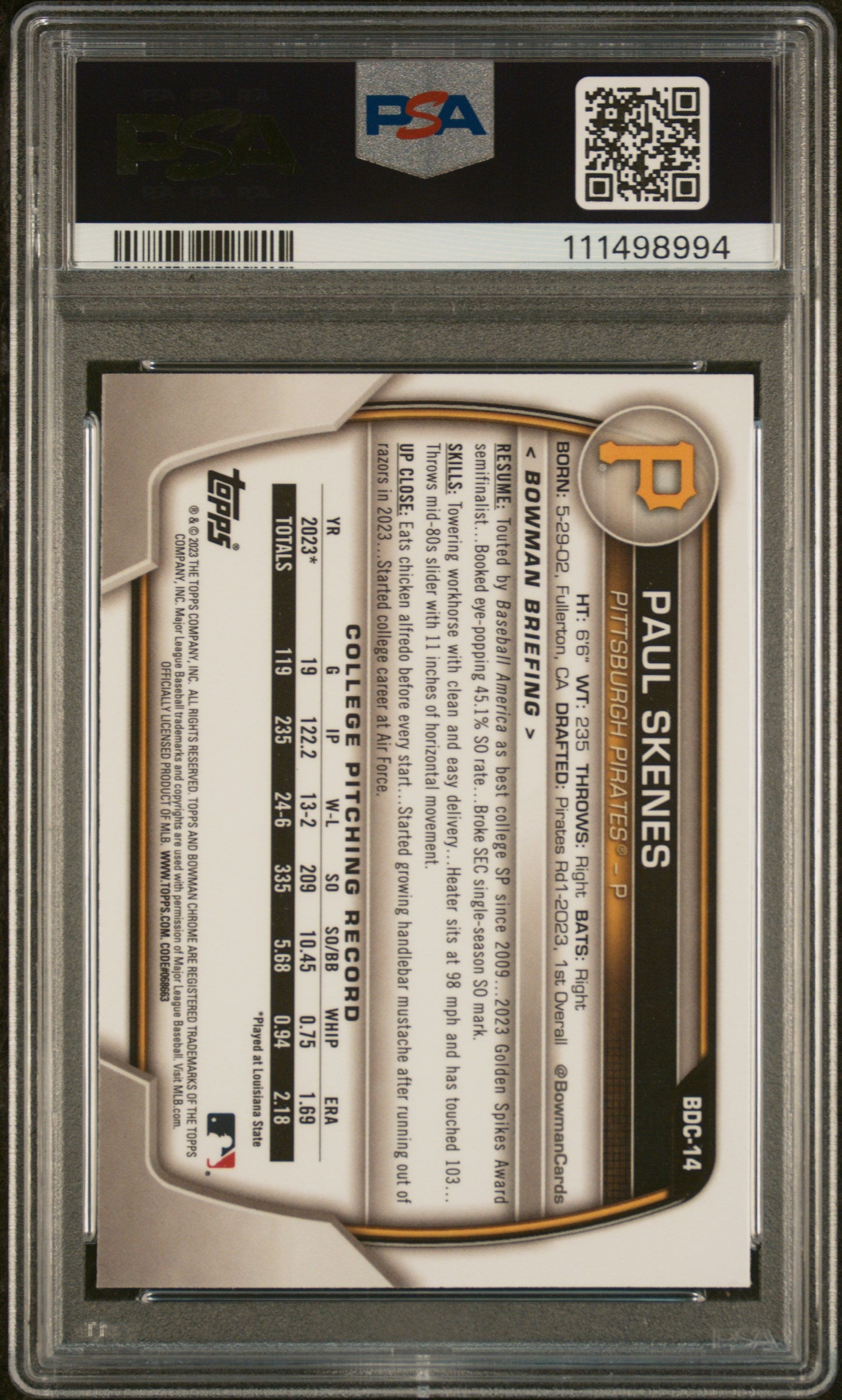2023 Bowman Draft Paul Skenes #BDC-14 Chrome 1st Prospect PSA 9
