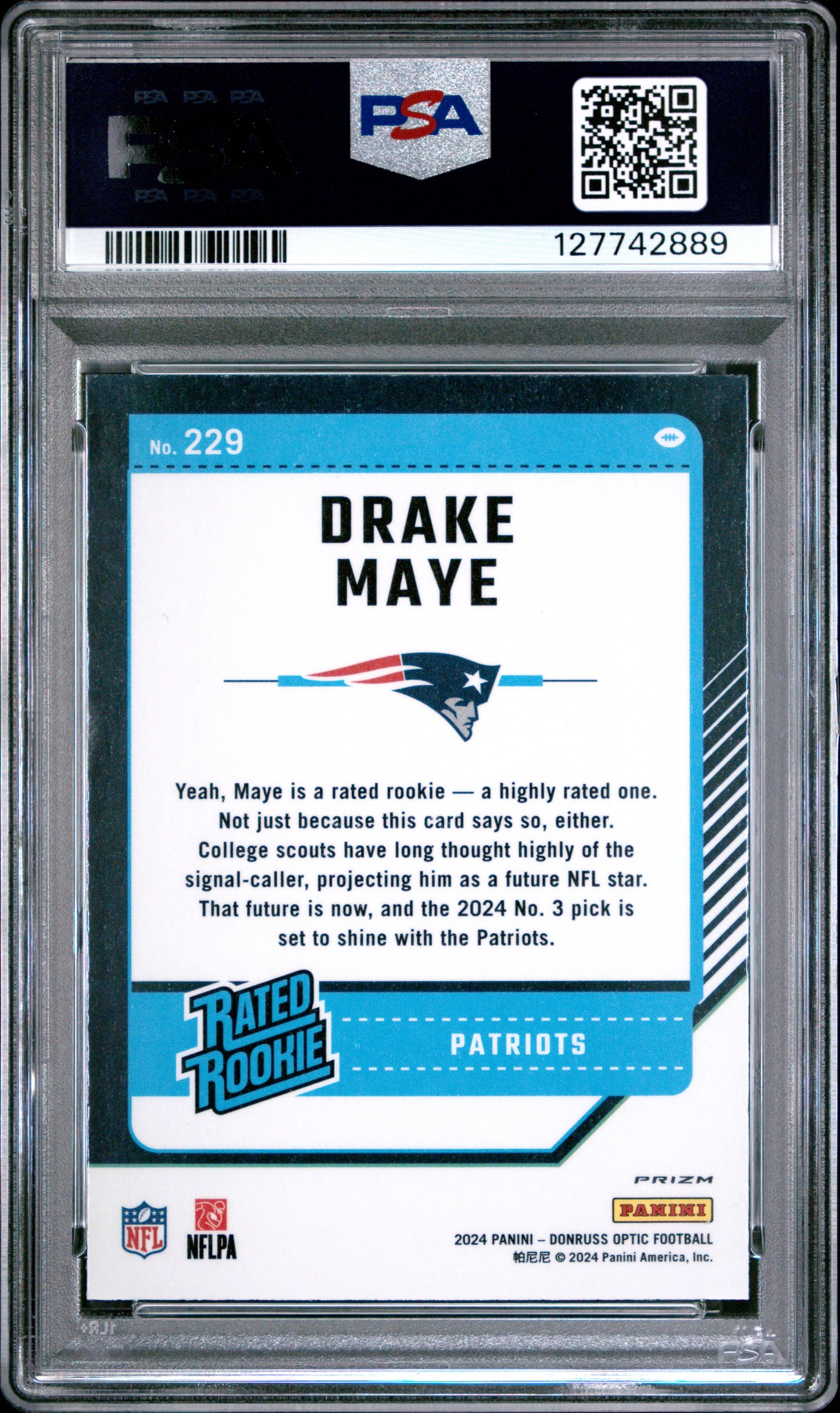 2024 Panini Donruss Optic Drake Maye #229 Holo Rated Rookie Patriots PSA 9