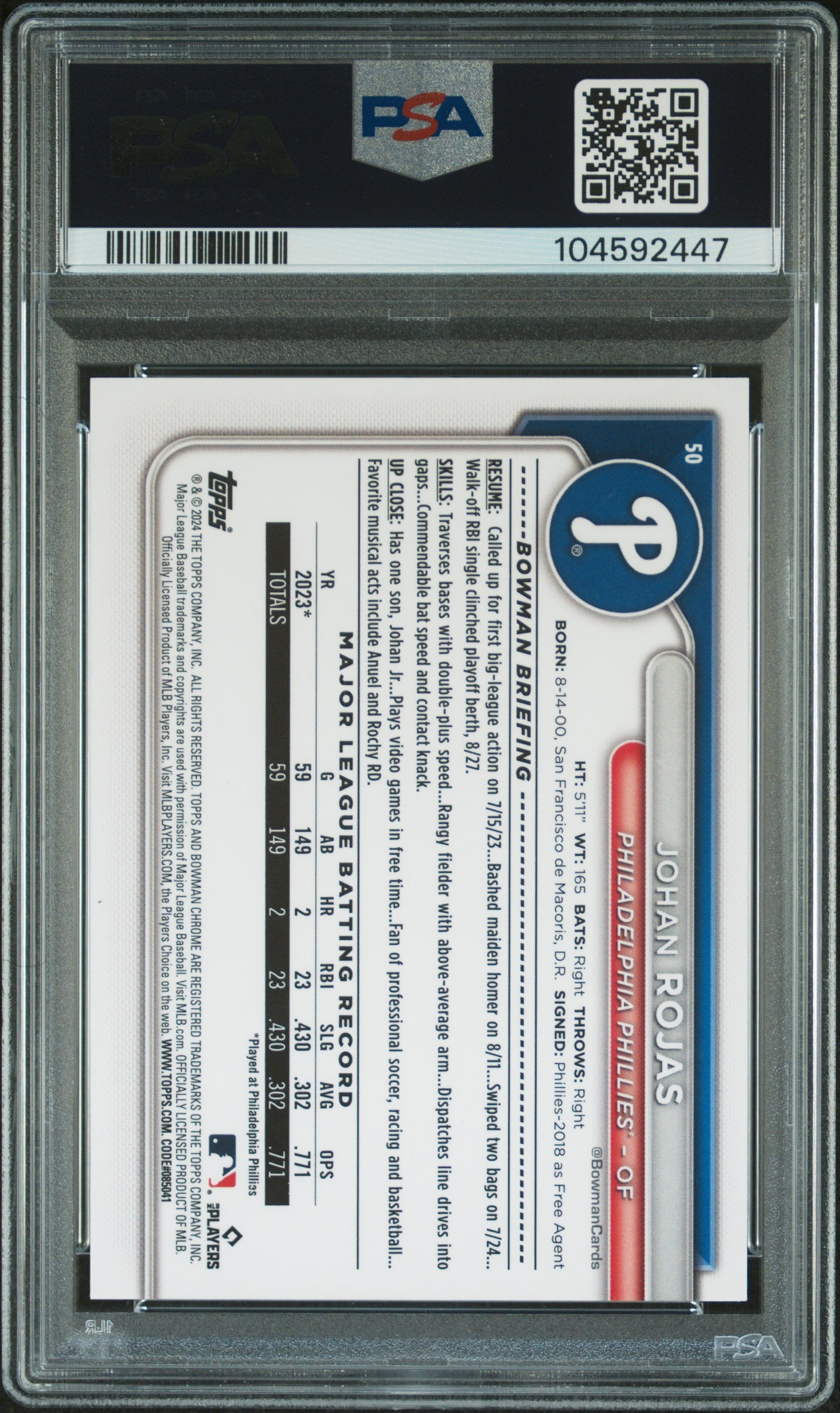 2024 Bowman Chrome Johan Rojas Black Sapphire Rookie /10 PSA 9