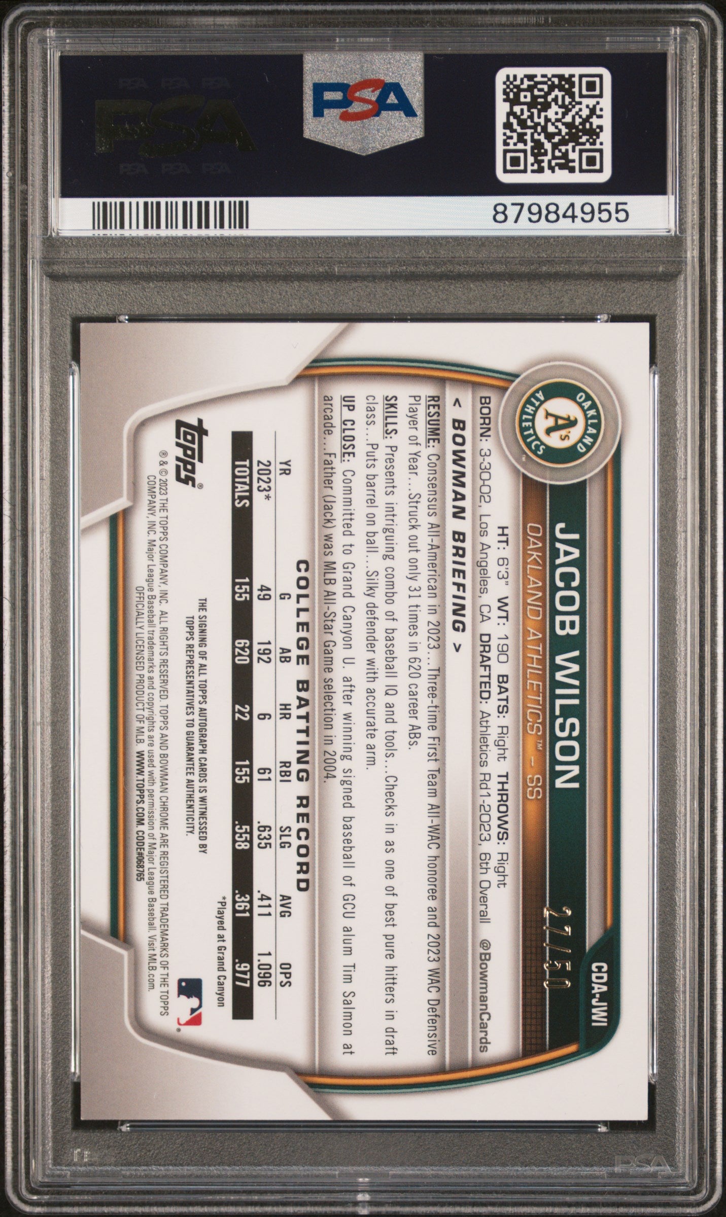 2023 Bowman Chrome Jacob WIlson Gold Shimmer Auto /50 PSA 9